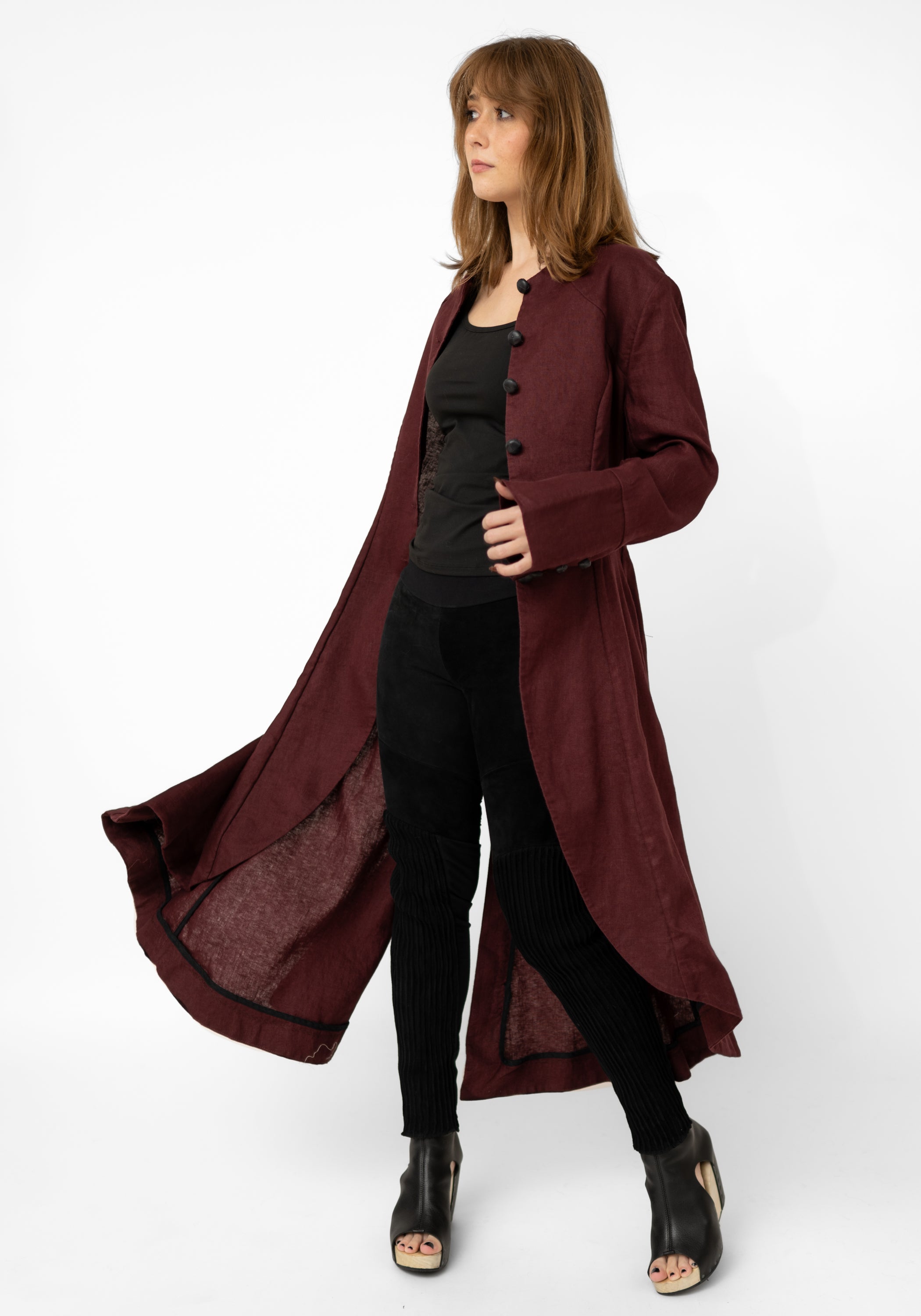 Burgundy Linen Tuxedo Maxi Coat