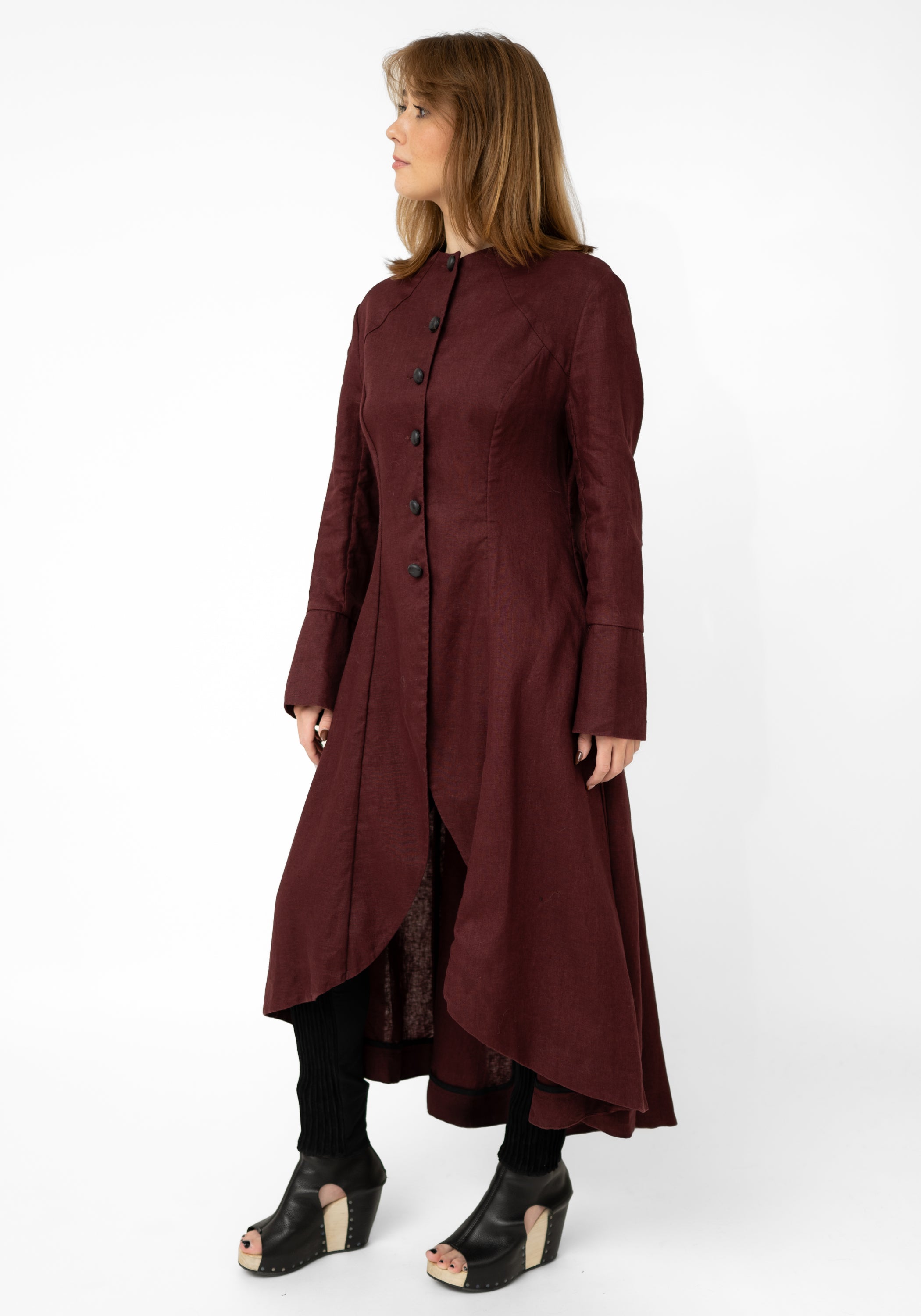 Burgundy Linen Tuxedo Maxi Coat