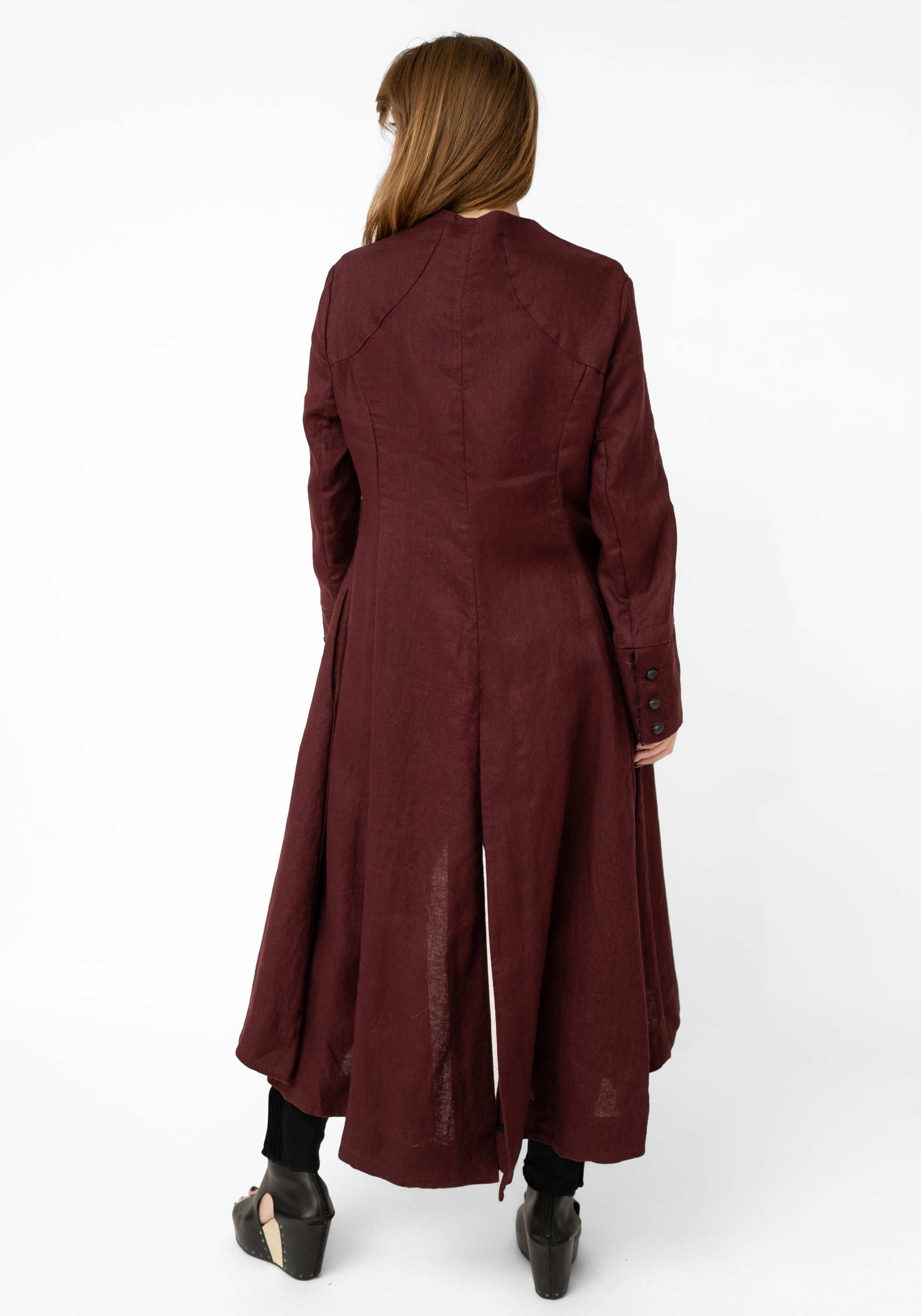 Burgundy Linen Tuxedo Maxi Coat