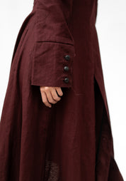 Burgundy Linen Tuxedo Maxi Coat