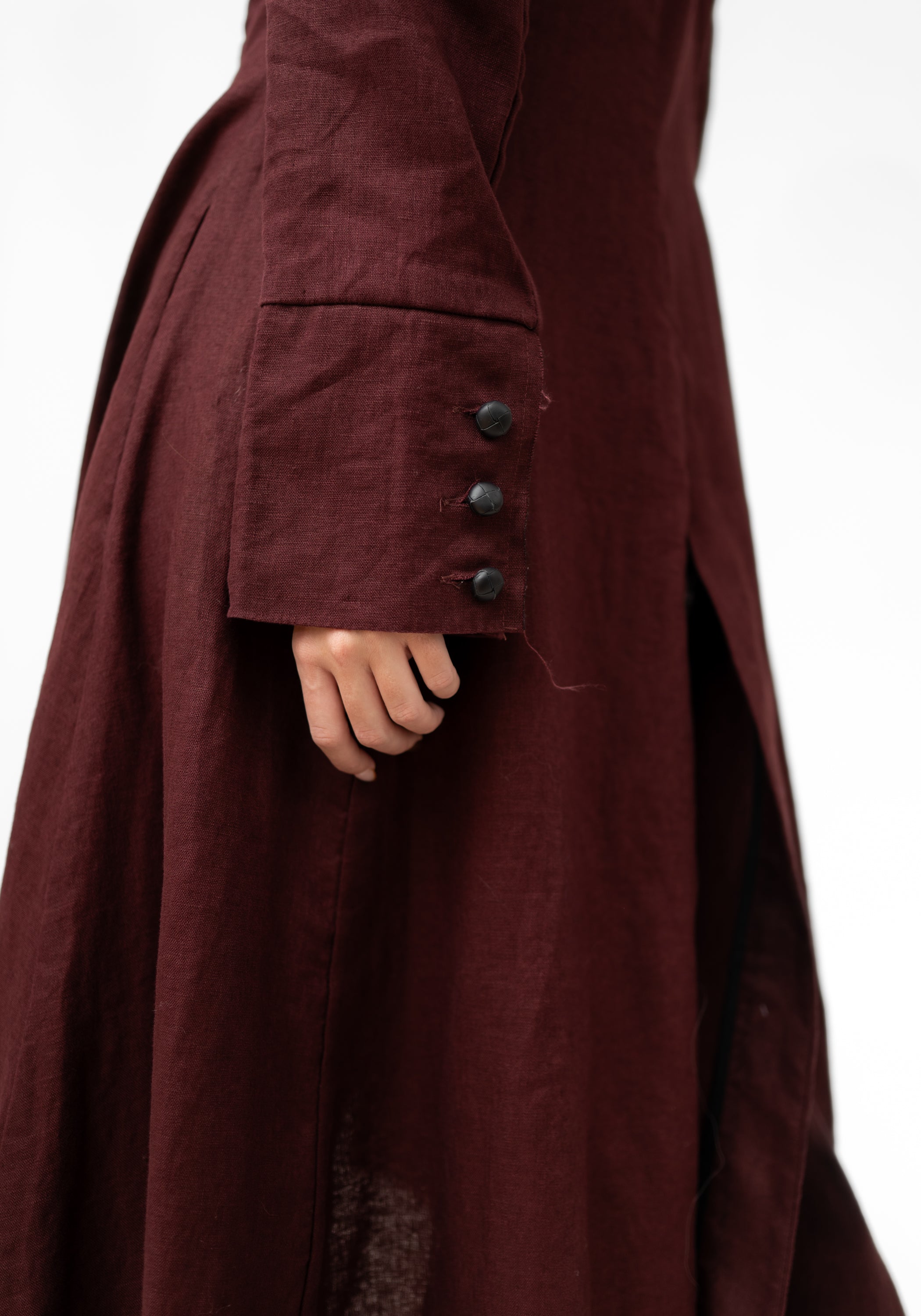 Burgundy Linen Tuxedo Maxi Coat