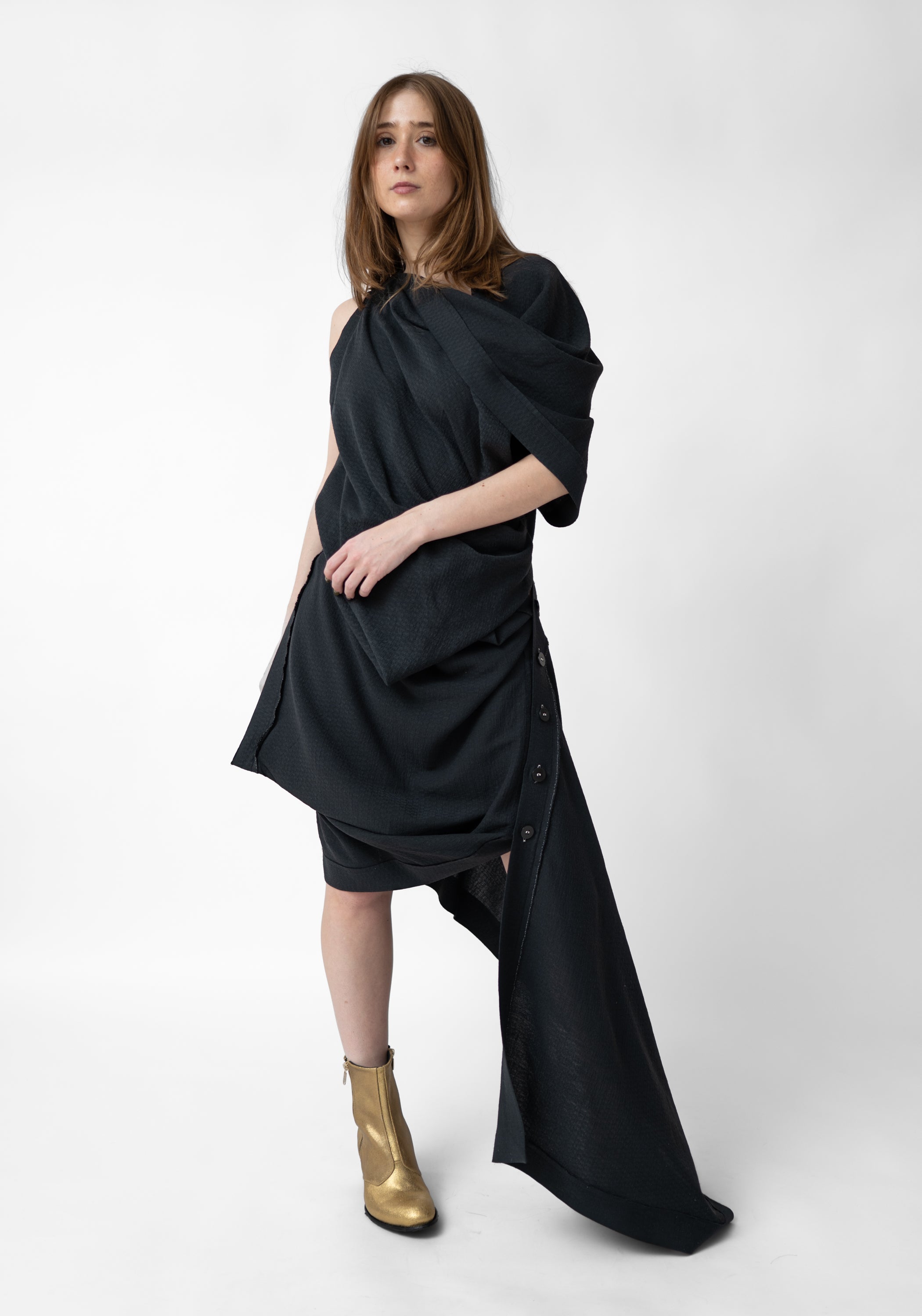 asymmetric draped mini dress Button Detail Wool Blend Ming Wang Petite Fit neckline: high Color:MULTI Cocktail Party