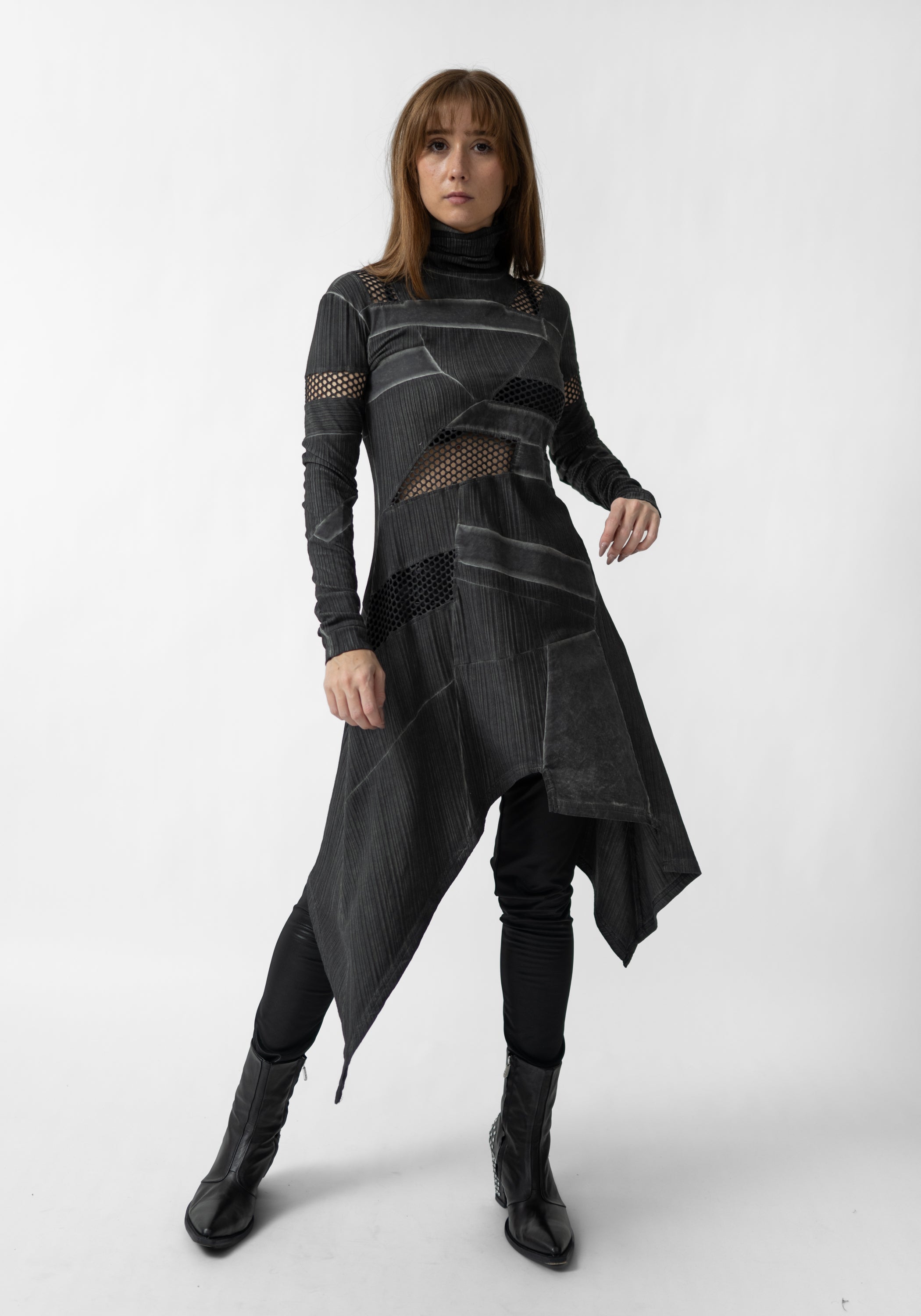High Neck Asymmetric Paneled Knit Detail Dress