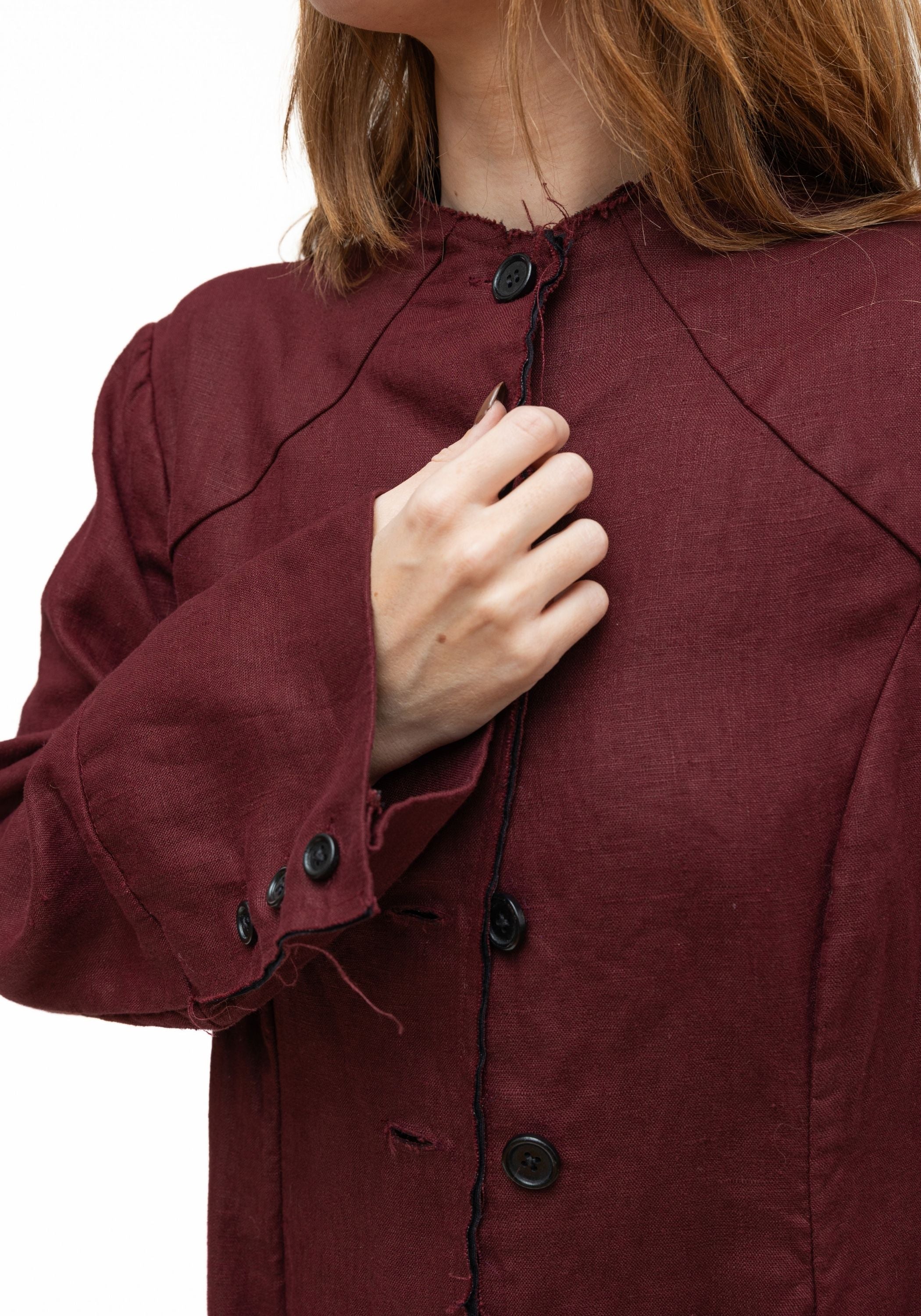 Burgundy Linen Tuxedo Maxi Coat
