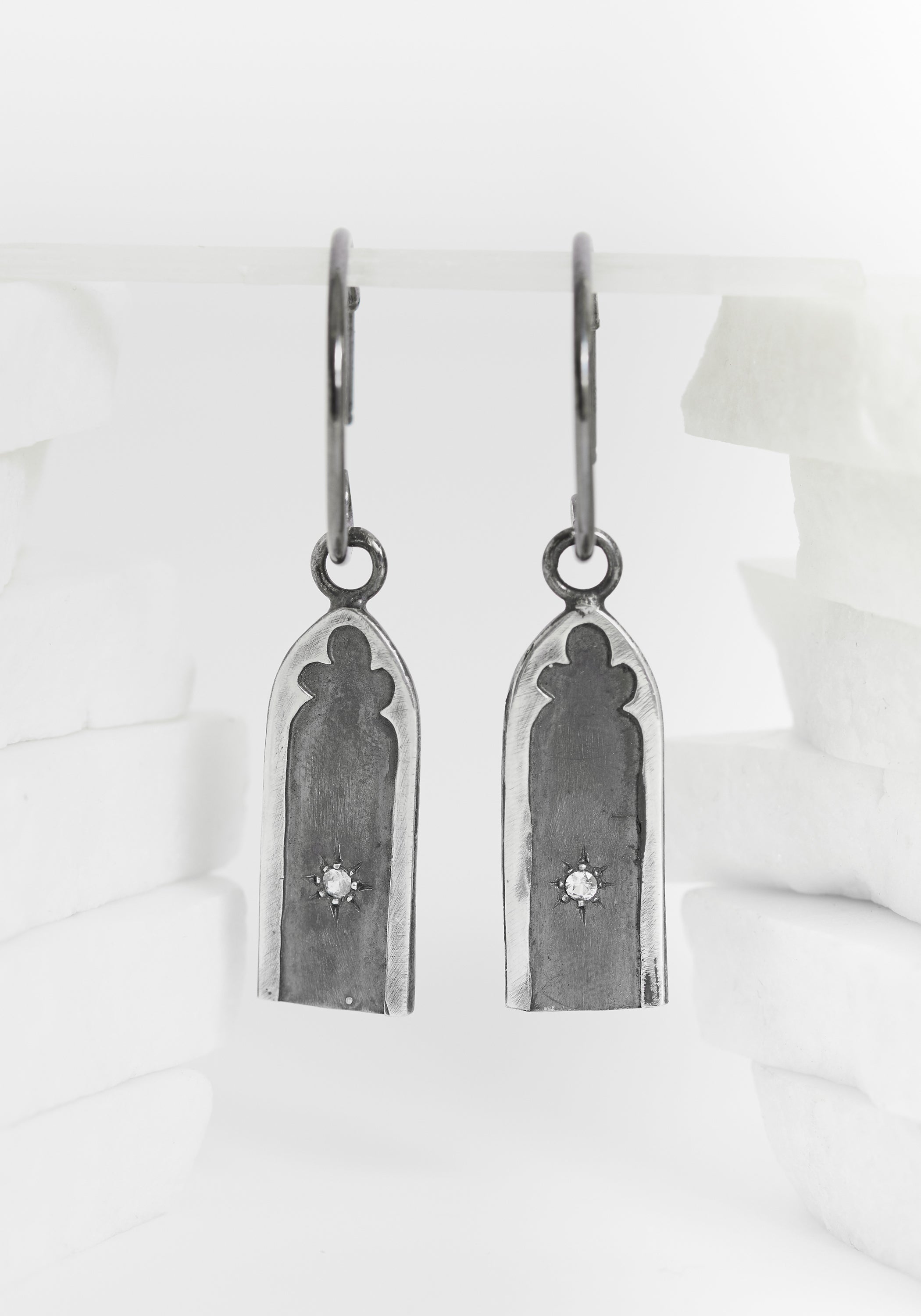 Oxidized Sterling Sapphire Gothic Arch Earrings - December Thieves