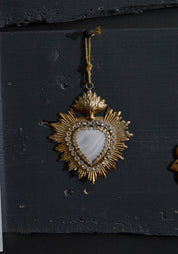Petite Jeweled Flaming Mother Of Pearl Heart Milagro