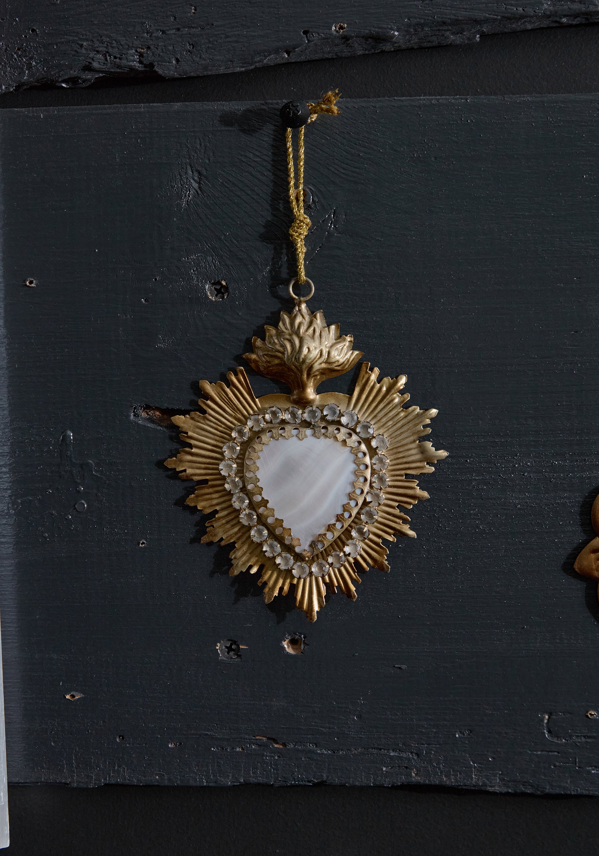 Petite Jeweled Flaming Mother Of Pearl Heart Milagro