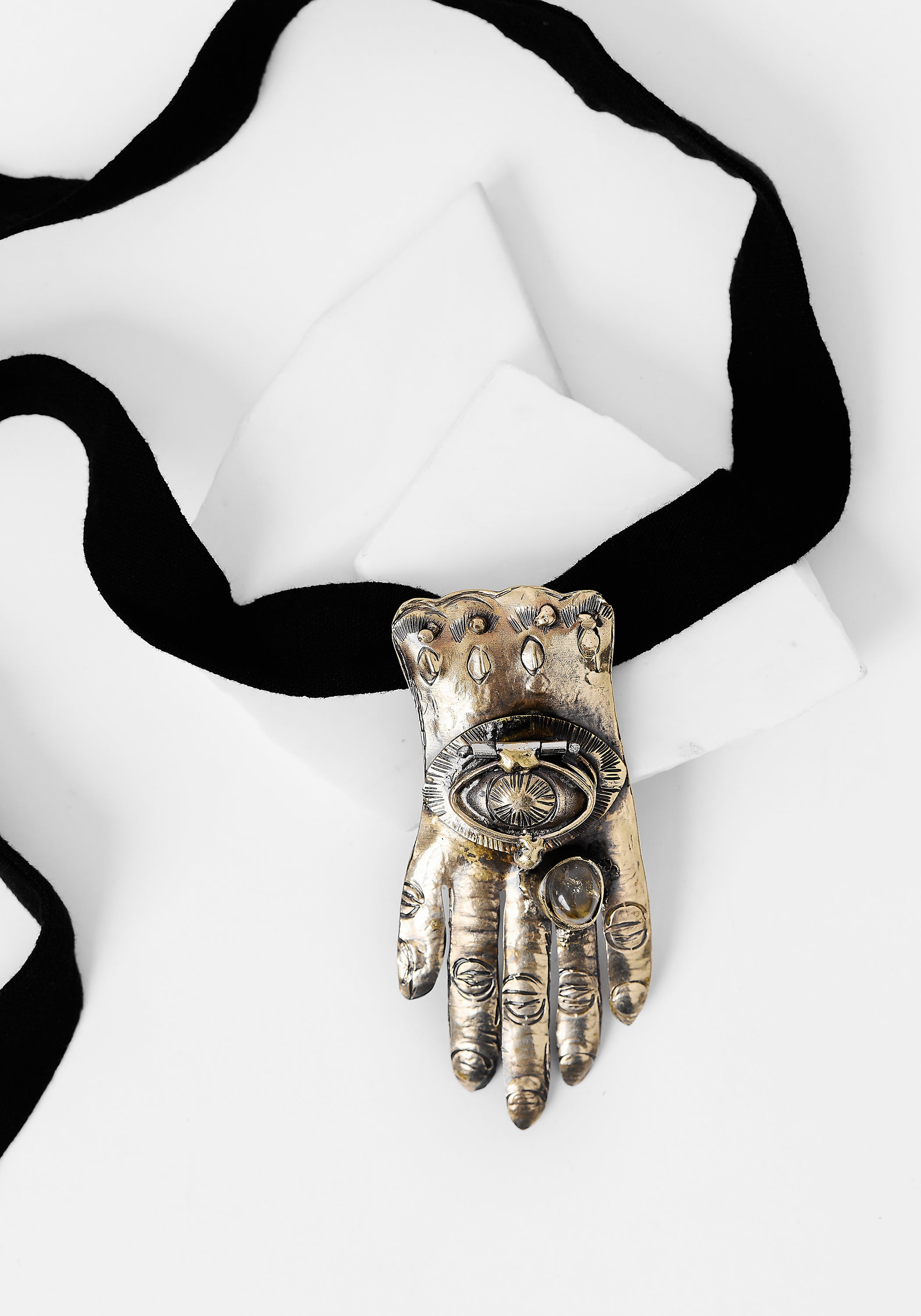 Hand and Eye White Quartz Locket Necklace