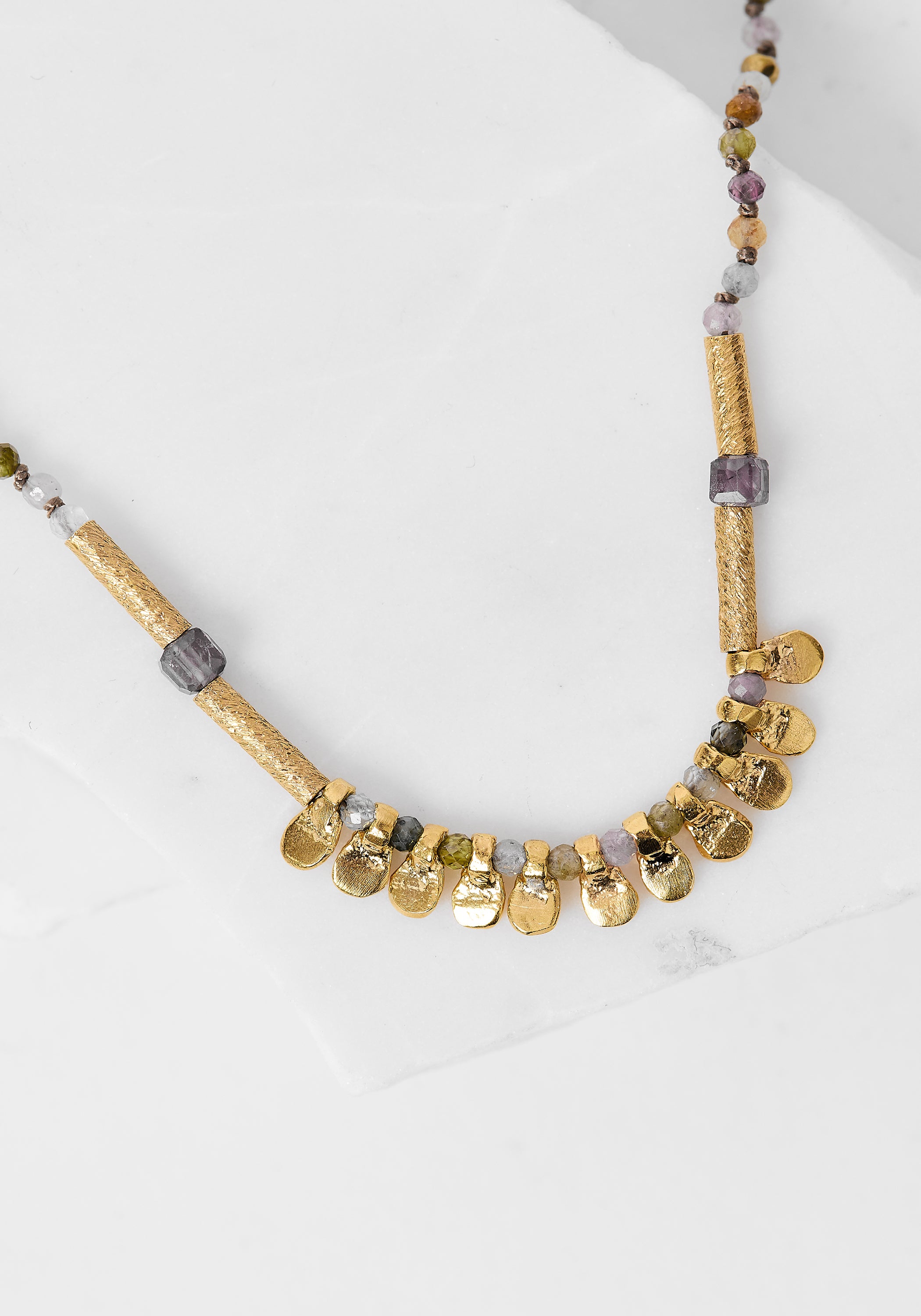 24k Gold Plated Mixed Gemstone Gilded Tabs Necklace