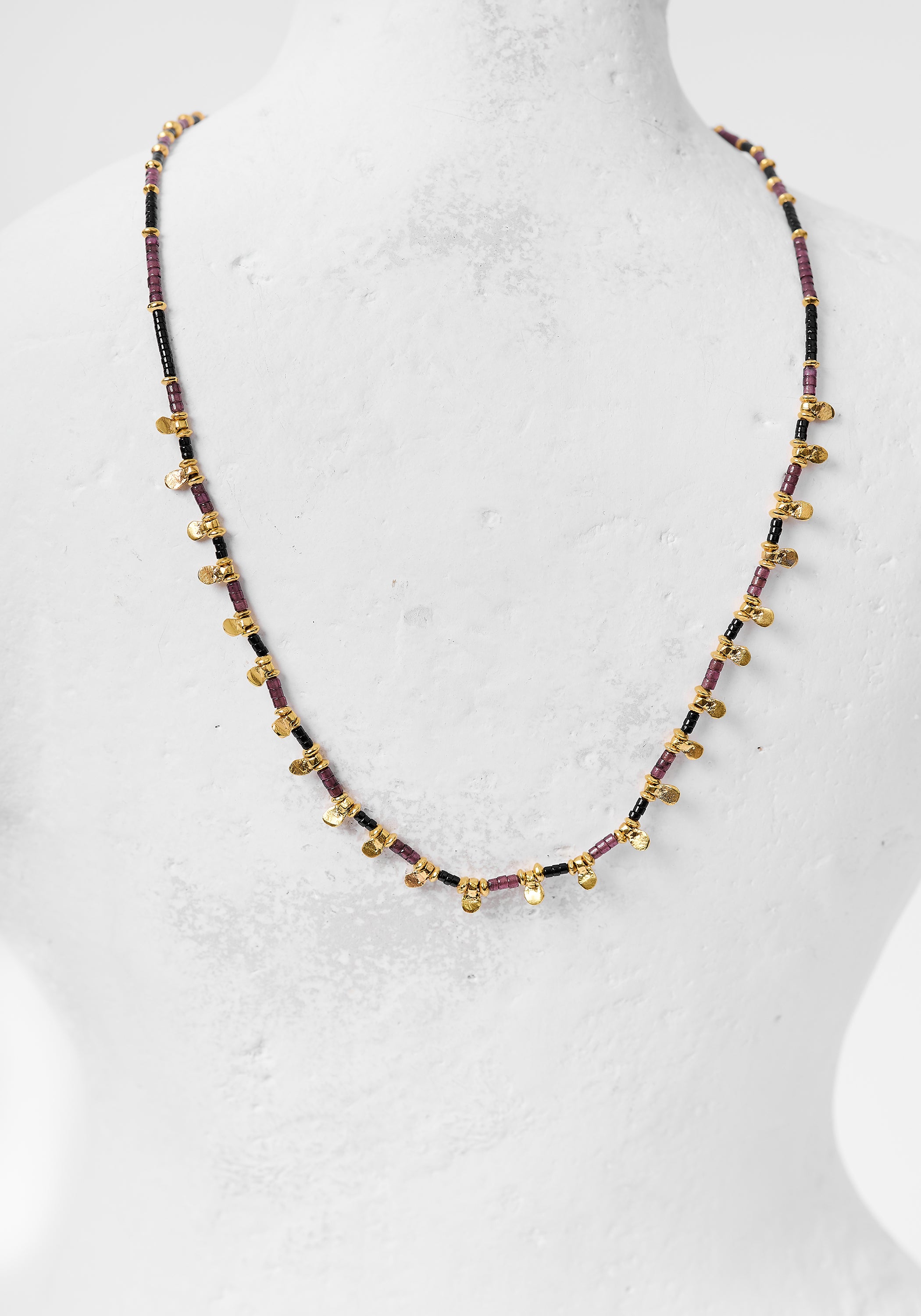 24k Gold Plated Garnet and Black Spinel Beaded Necklace