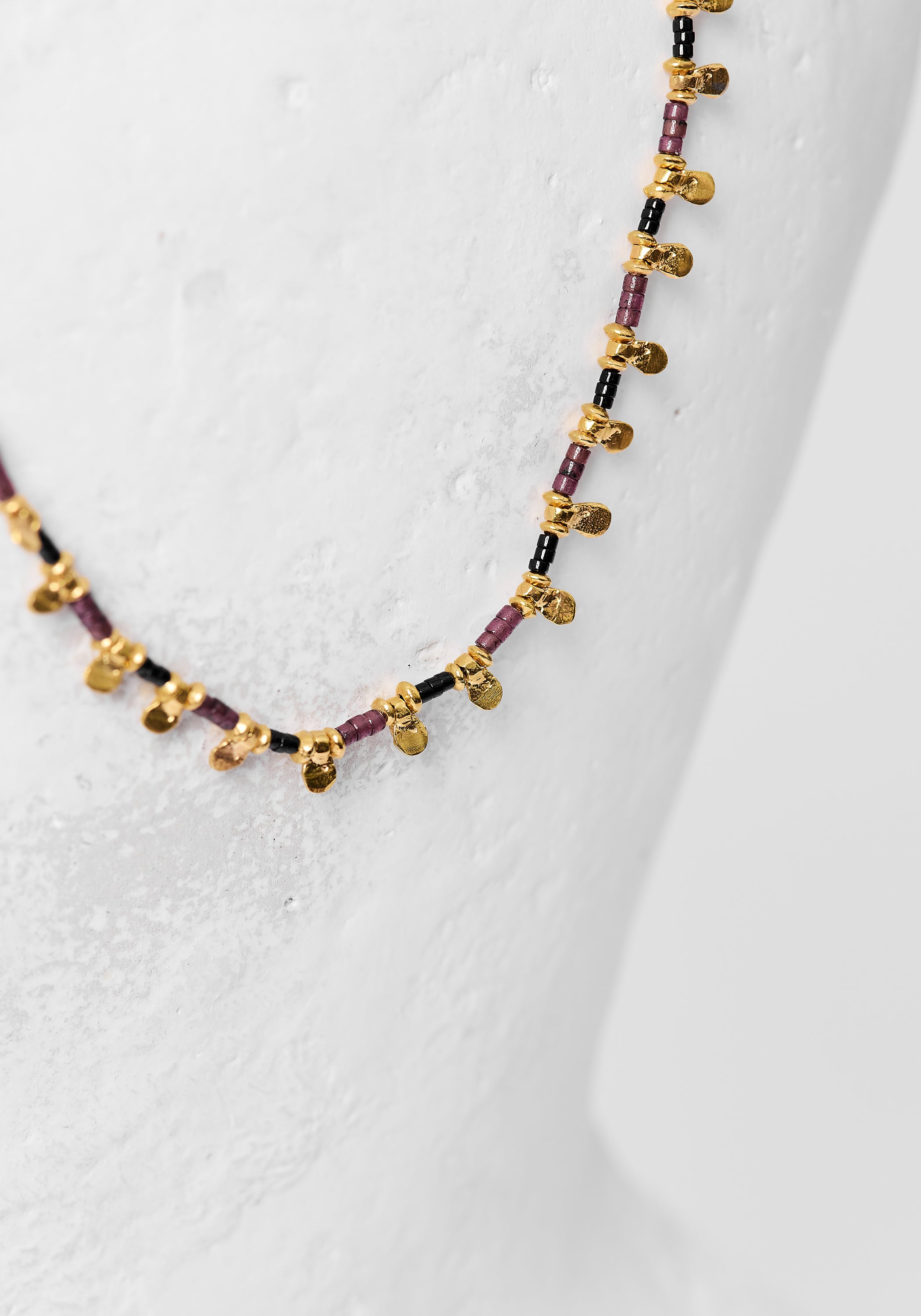 24k Gold Plated Garnet and Black Spinel Beaded Necklace