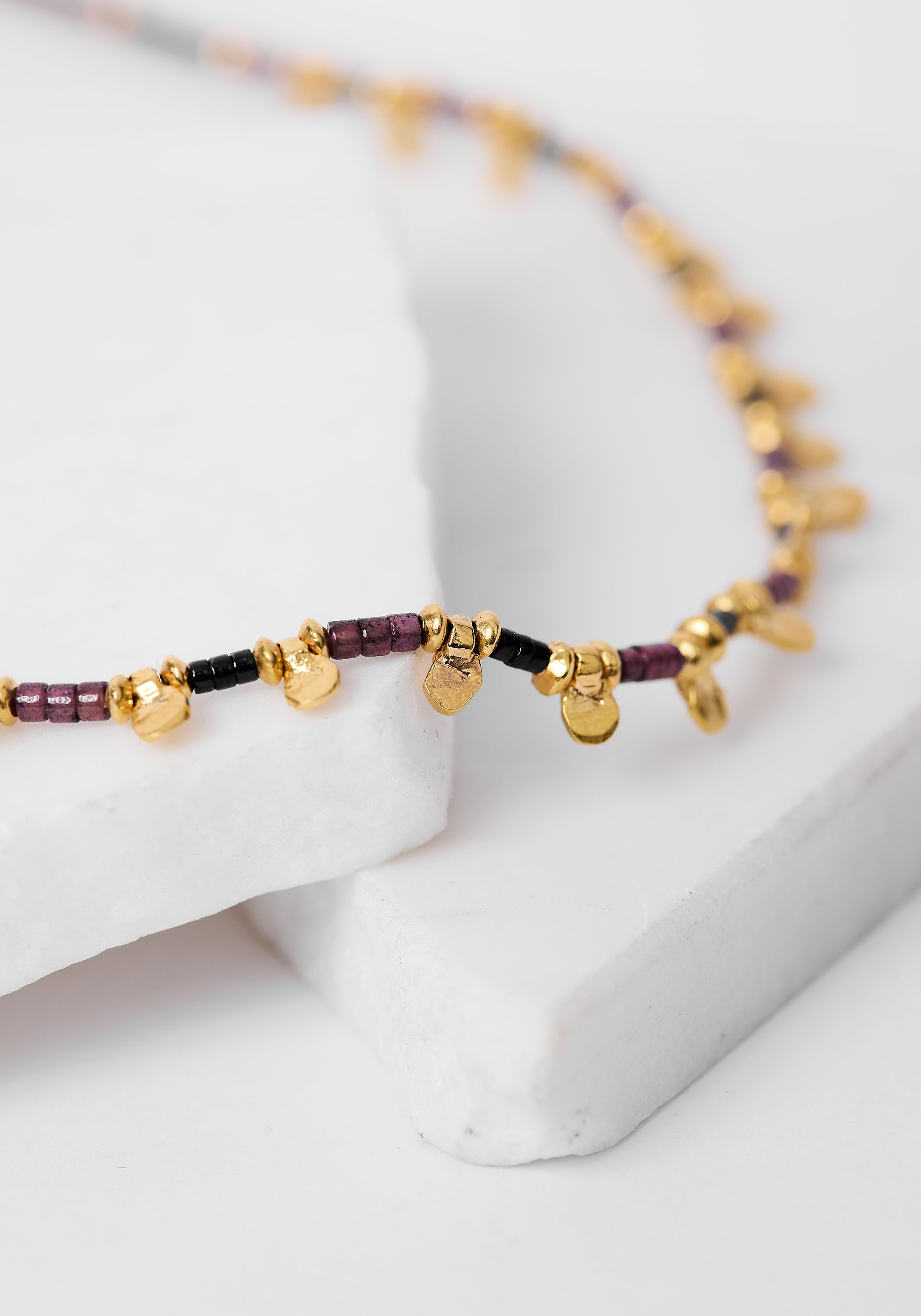 24k Gold Plated Garnet and Black Spinel Beaded Necklace