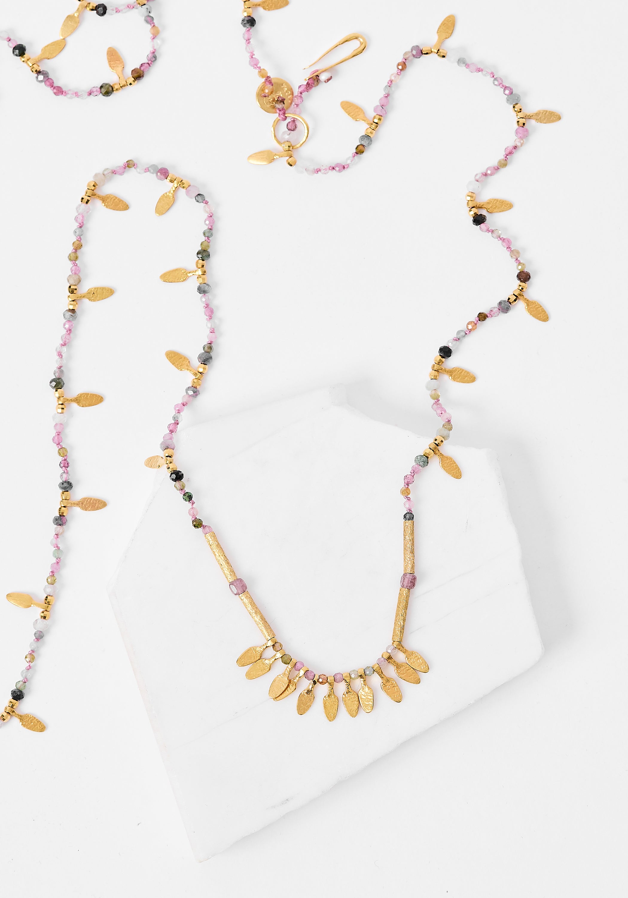 24k Gold Plated Tourmaline and Mixed Gemstones Asymmetric Gilded Tabs Necklace