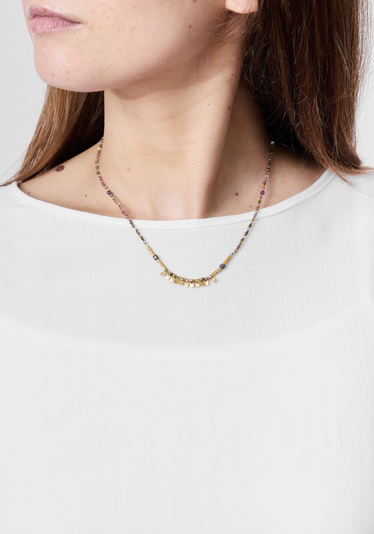 24k Gold Plated Mixed Gemstone Gilded Tabs Necklace