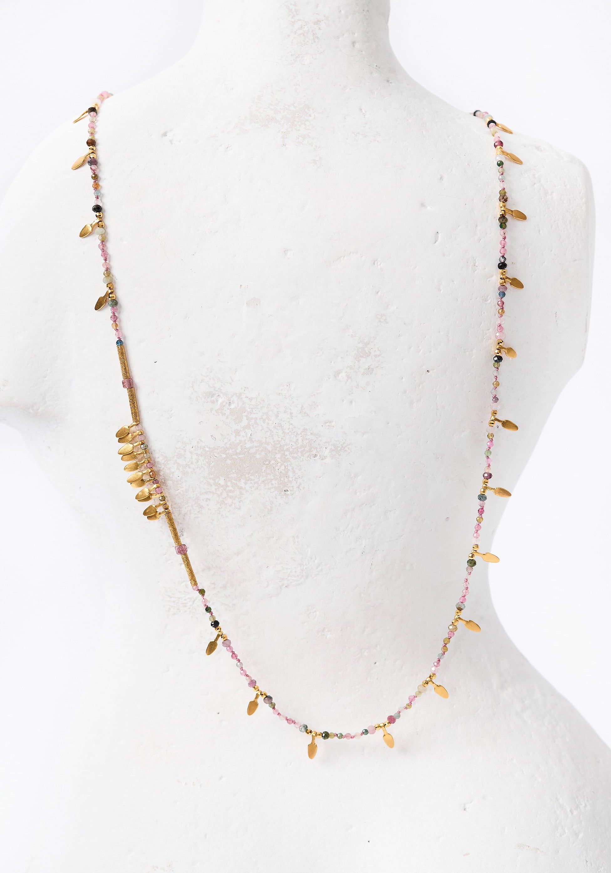 24k Gold Plated Tourmaline and Mixed Gemstones Asymmetric Gilded Tabs Necklace
