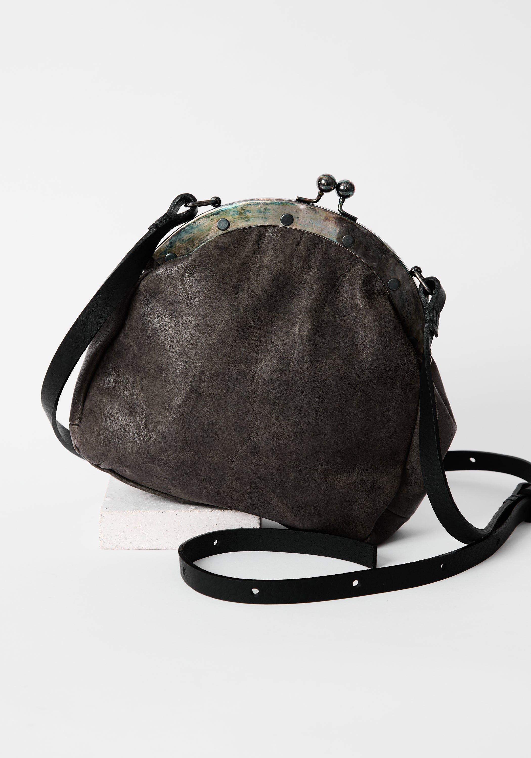 Distressed Grey Leather Large Pear Bag