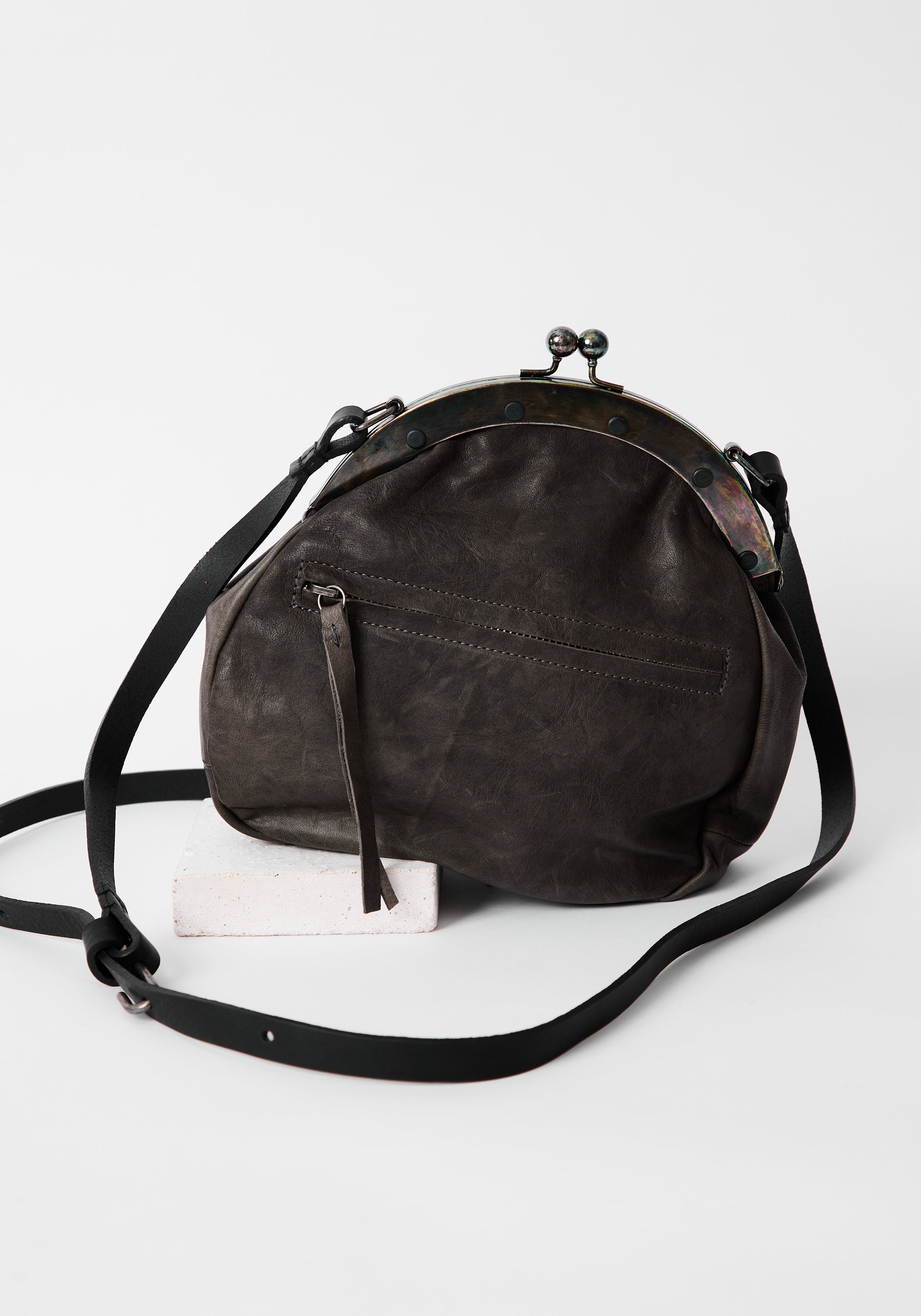 Distressed Grey Leather Large Pear Bag