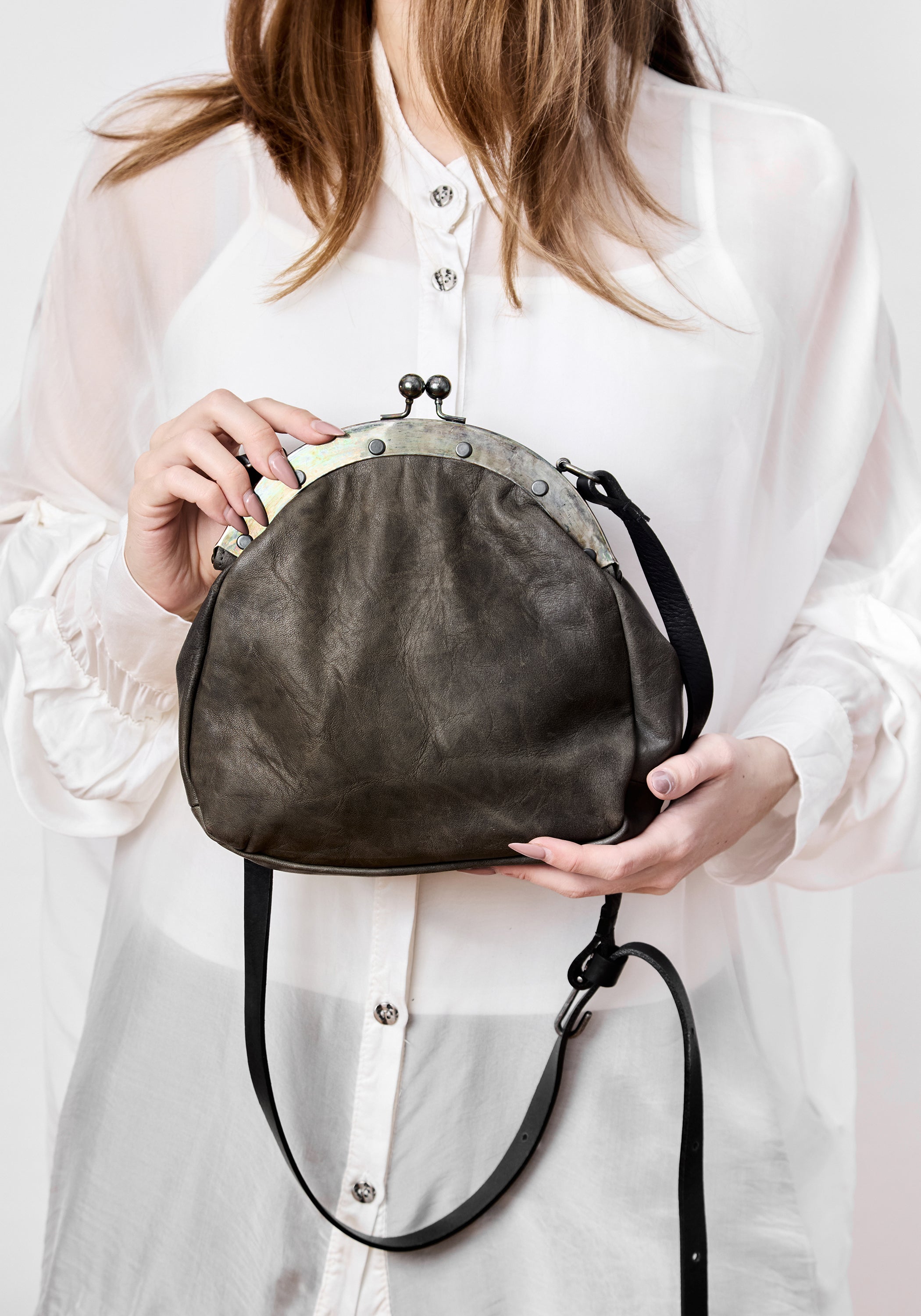 Distressed Grey Leather Large Pear Bag