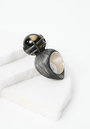 Sphere Oxidized Sterling and Smokey Quartz Ring