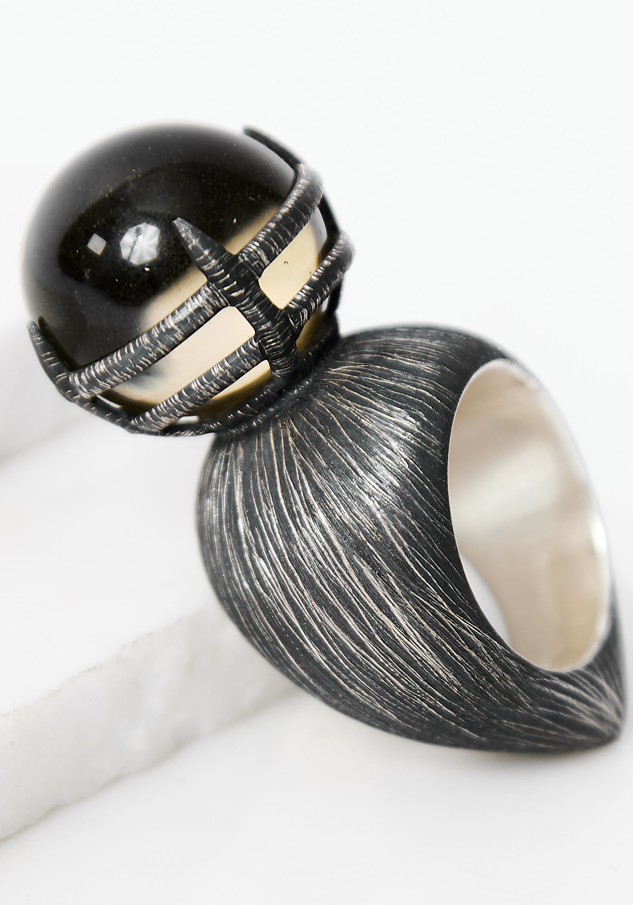 Sphere Oxidized Sterling and Smokey Quartz Ring