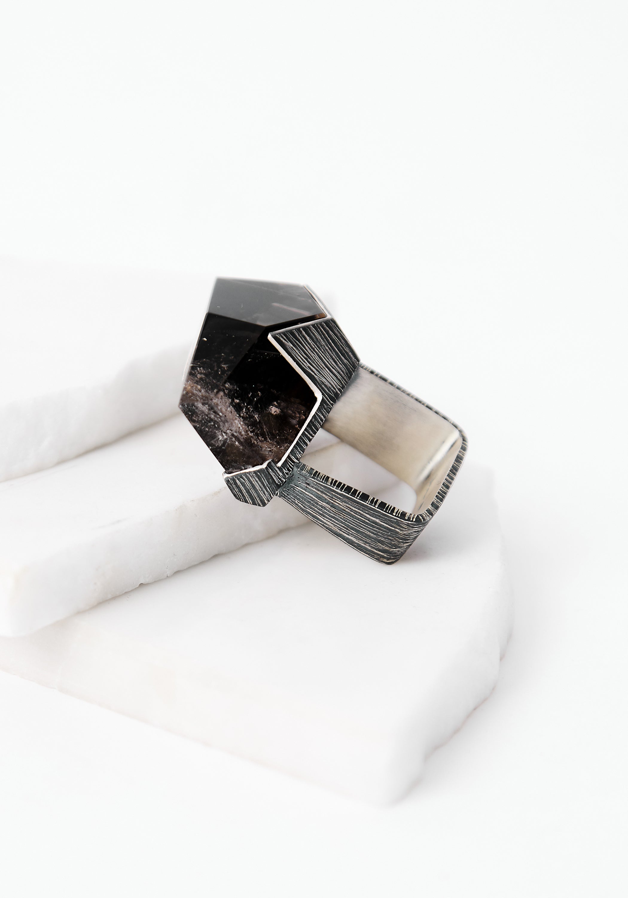 Lines Oxidized Sterling and Smokey Quartz Ring