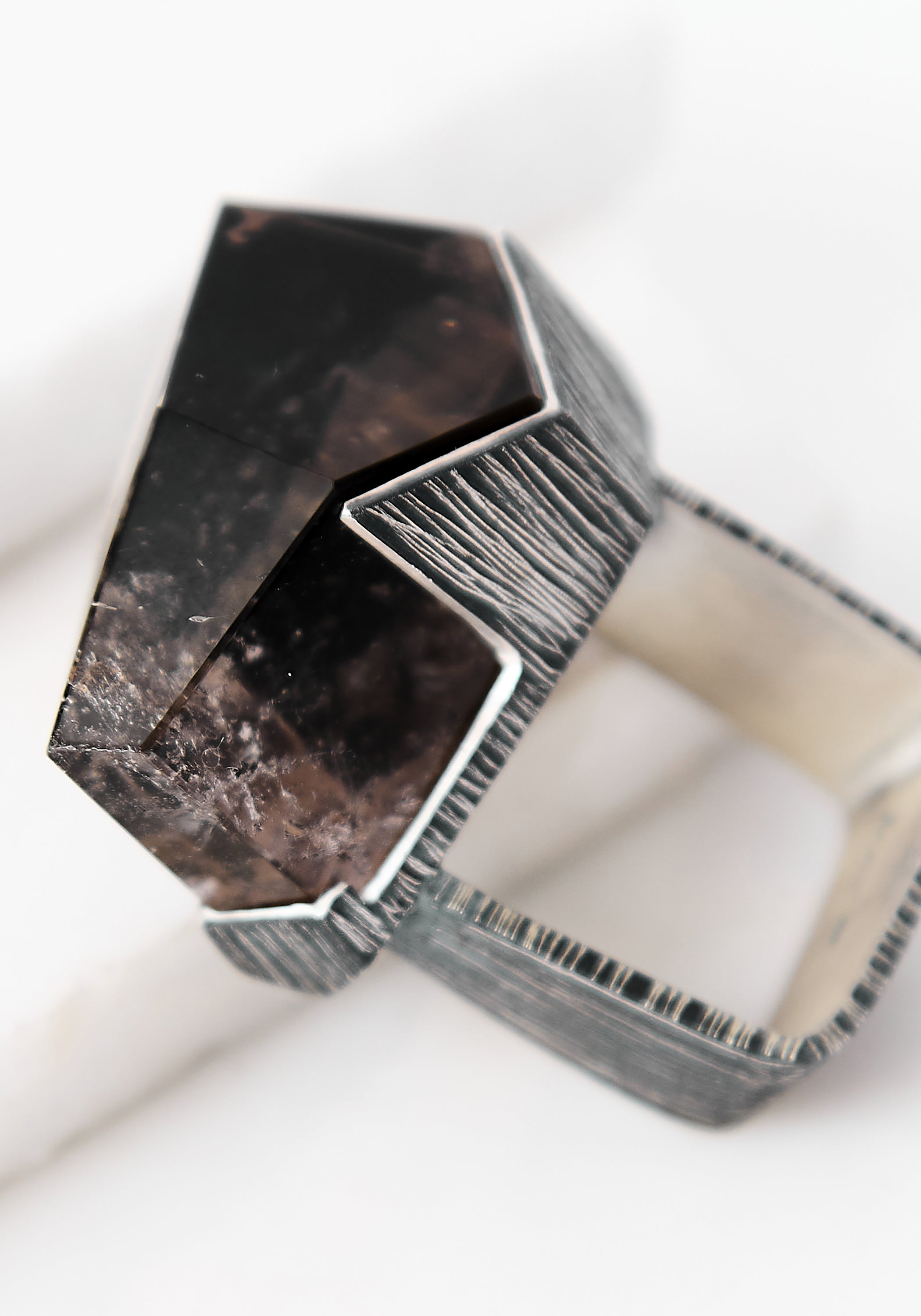 Lines Oxidized Sterling and Smokey Quartz Ring