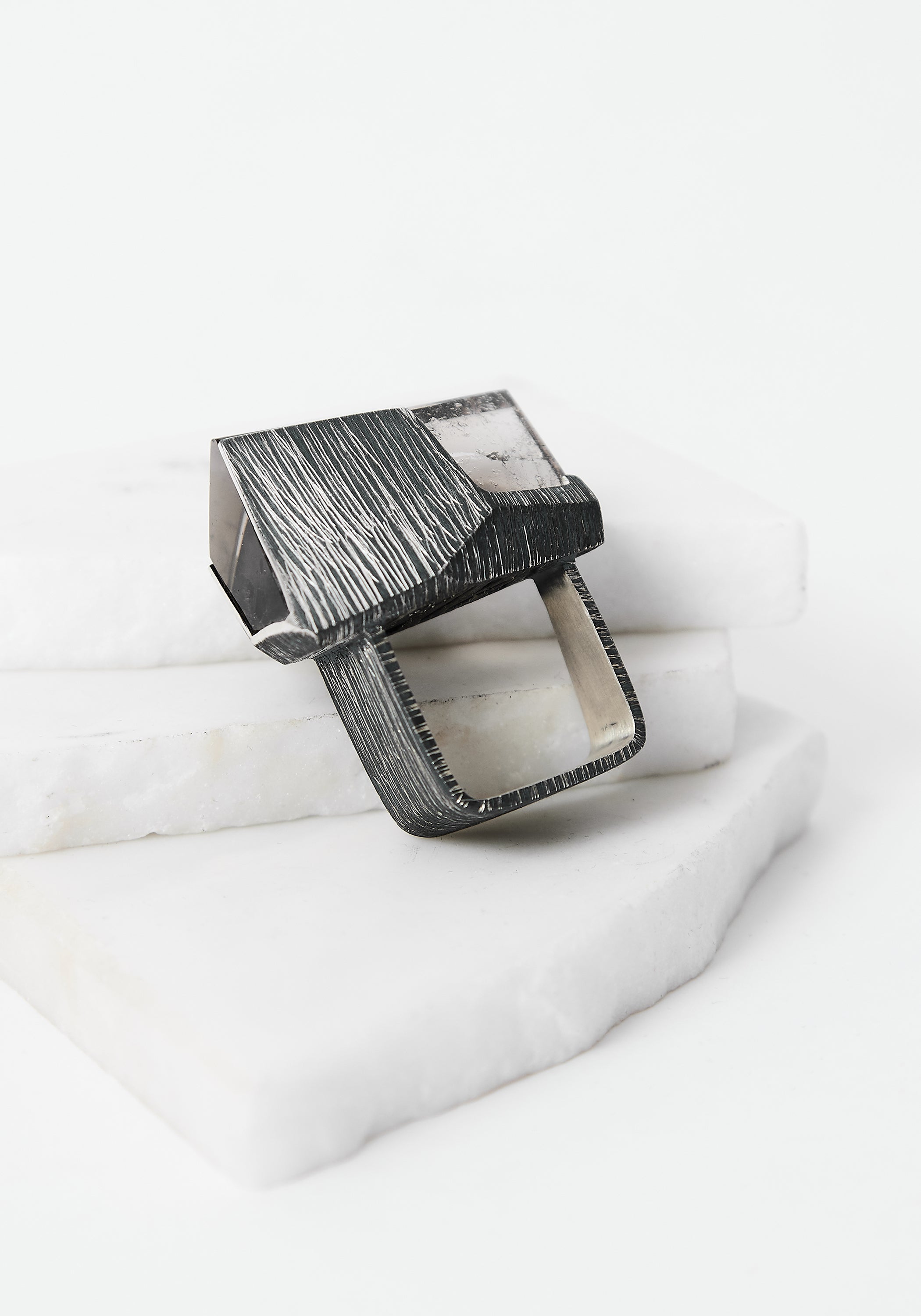 Lines Oxidized Sterling and Smokey Quartz Ring