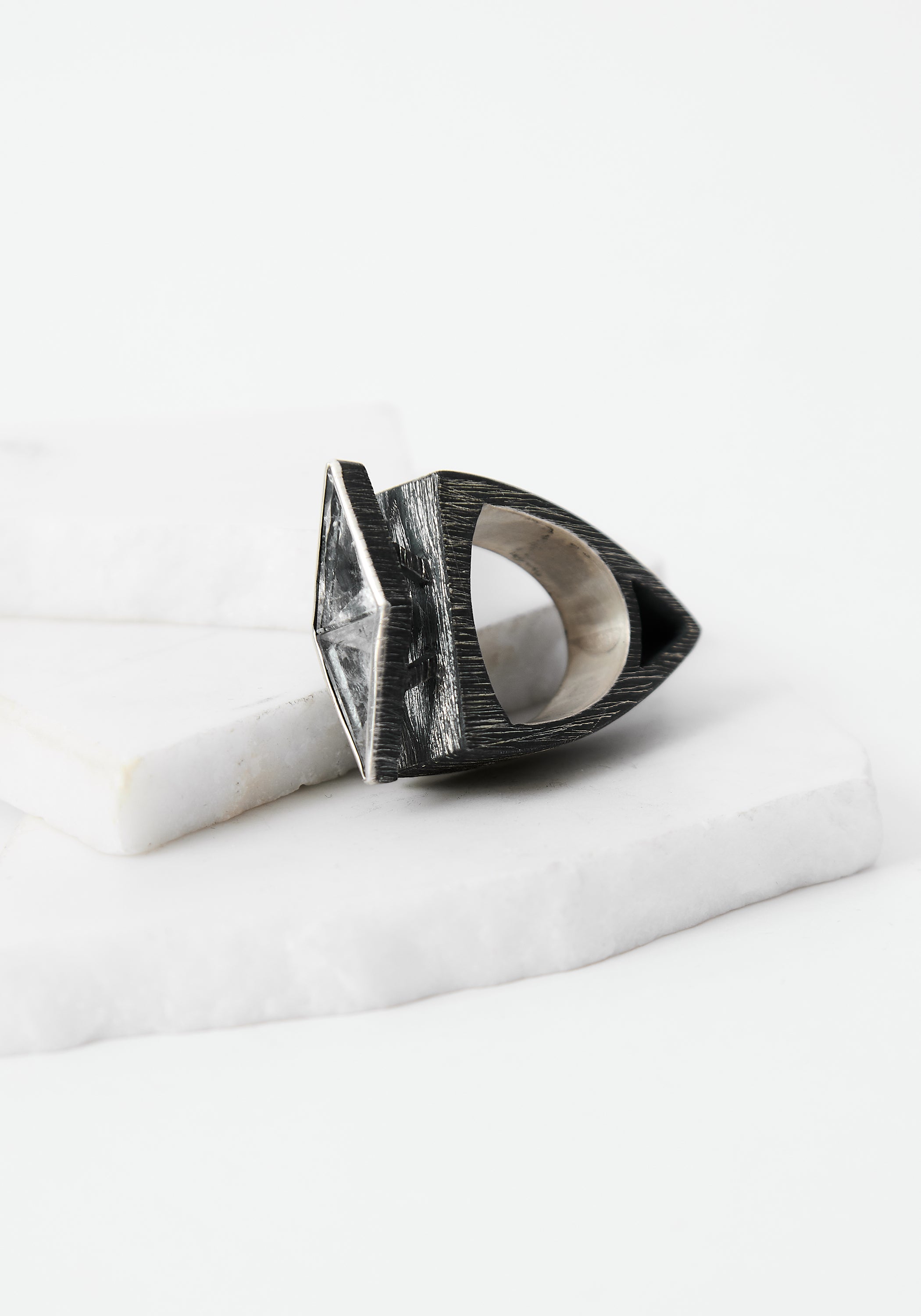 Dual Triangles Oxidized Sterling and Quartz Ring