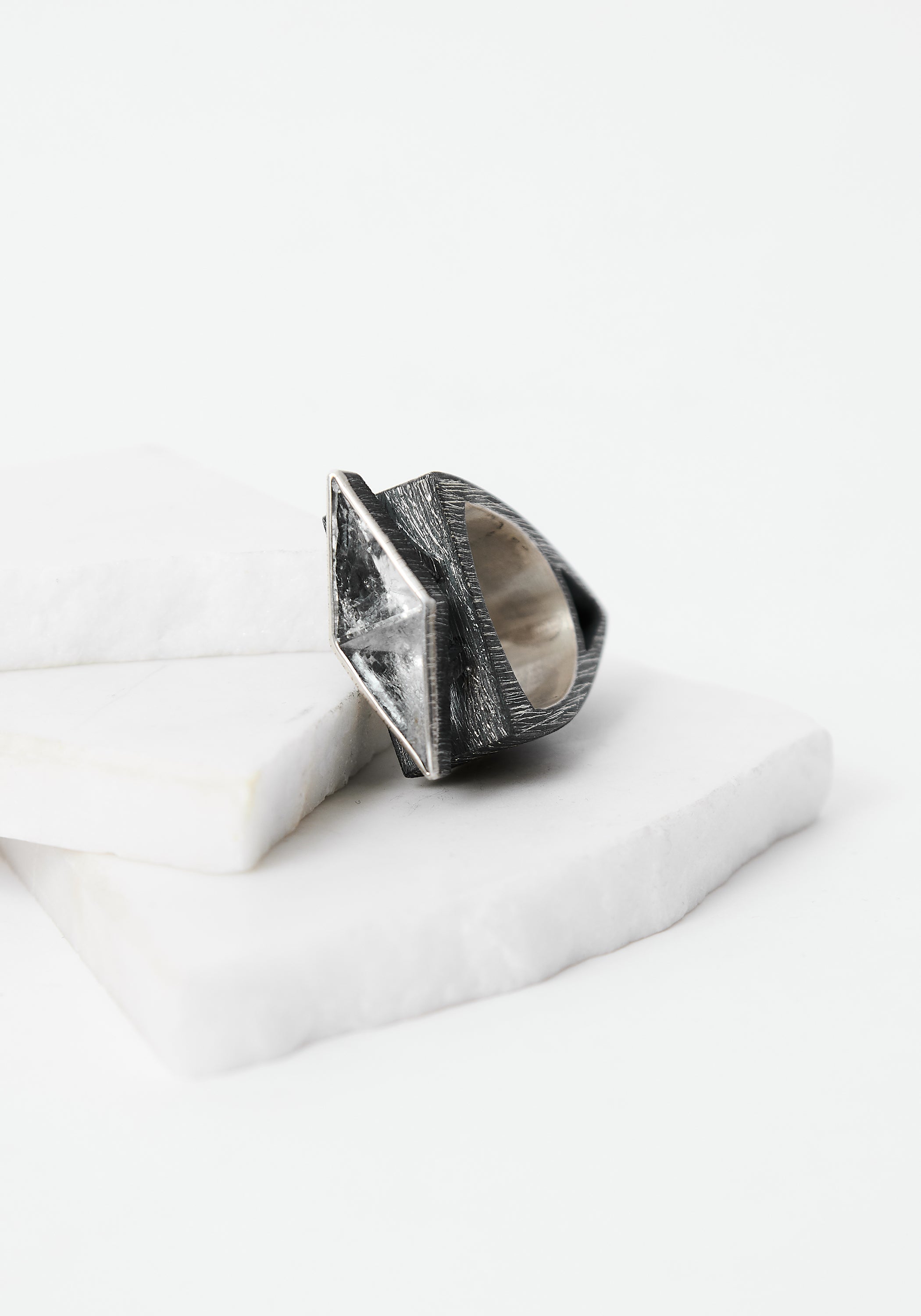 Dual Triangles Oxidized Sterling and Quartz Ring
