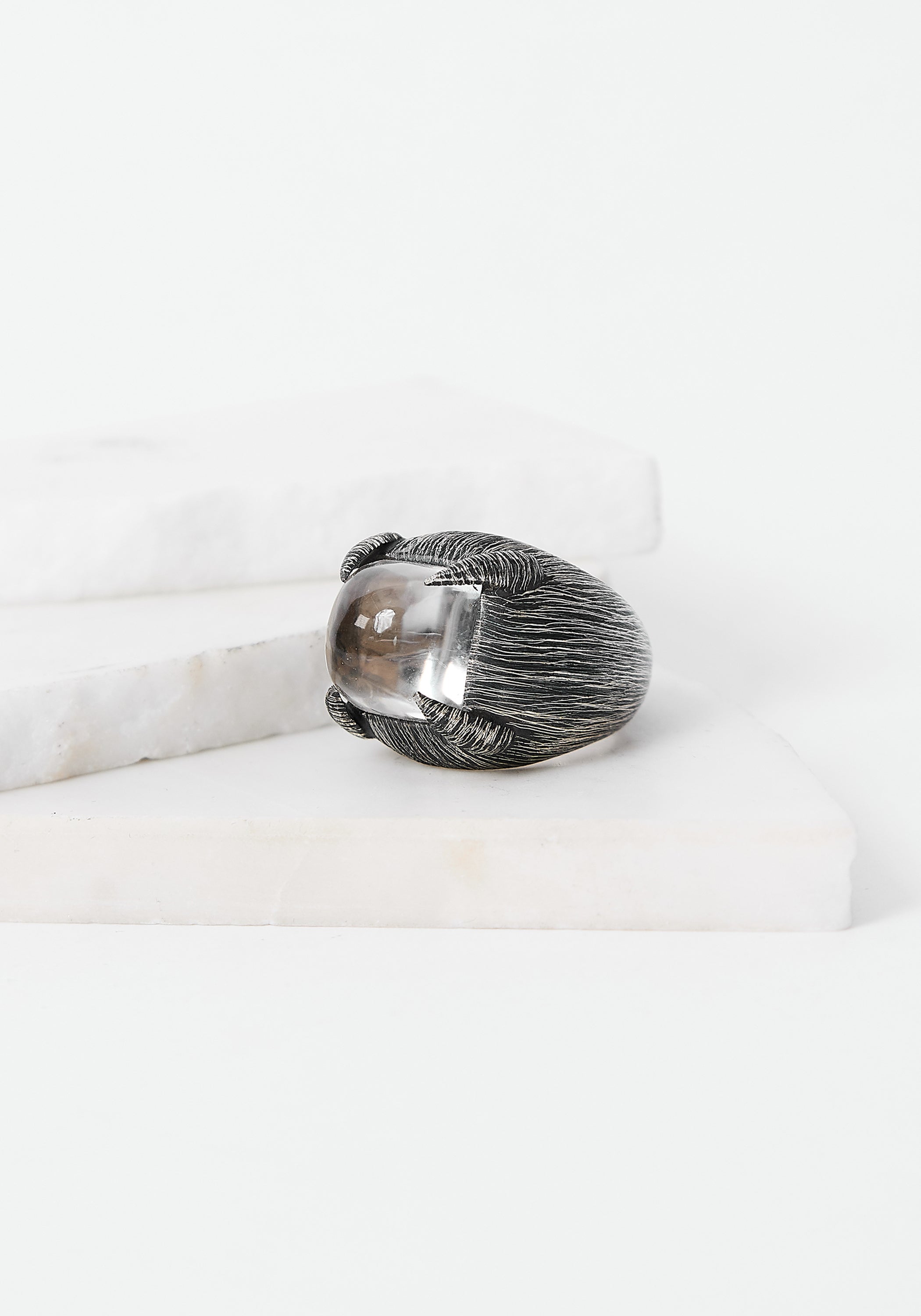 Grasping Light Oxidized Sterling and Carved Crystal Ring