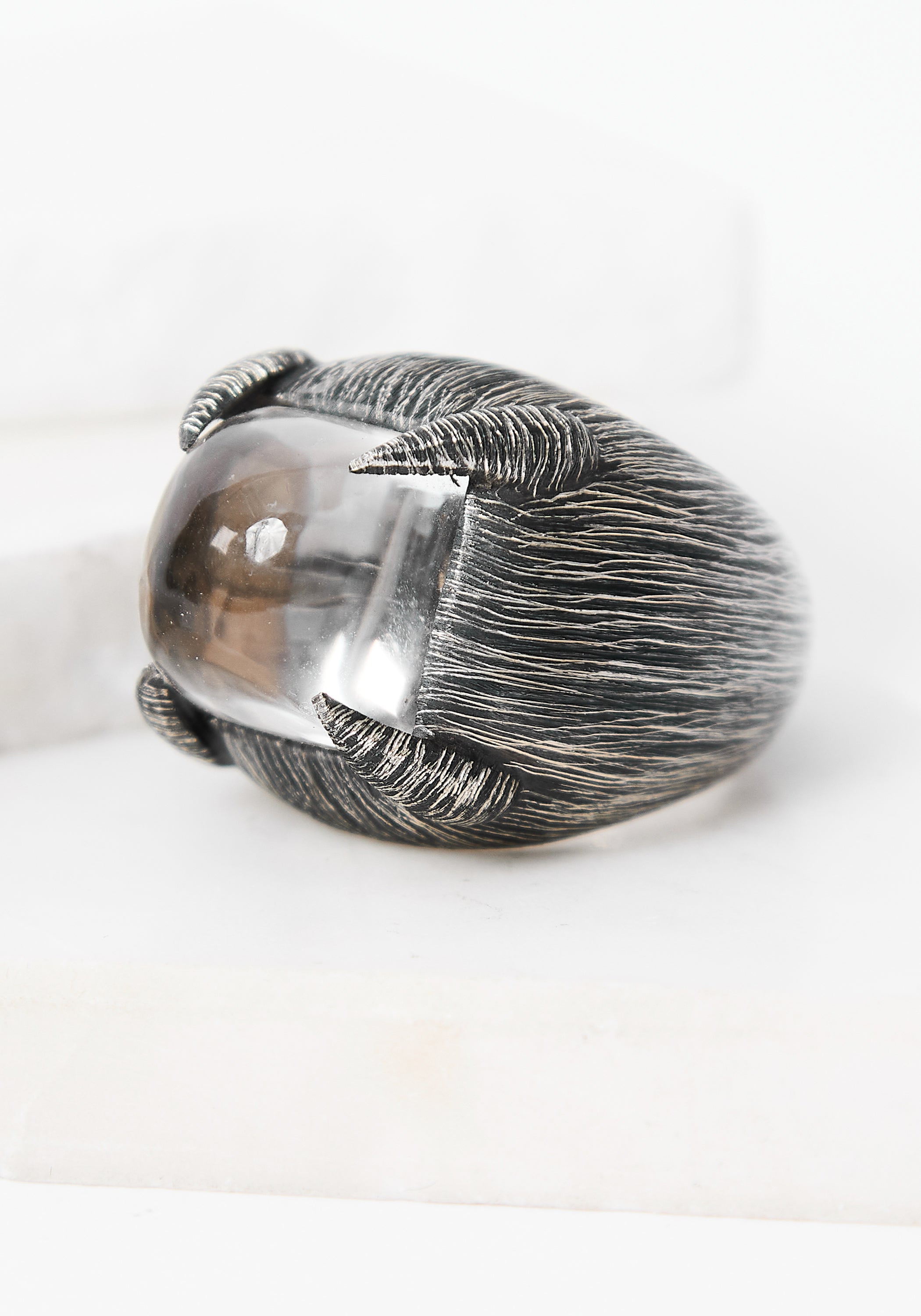Grasping Light Oxidized Sterling and Carved Crystal Ring