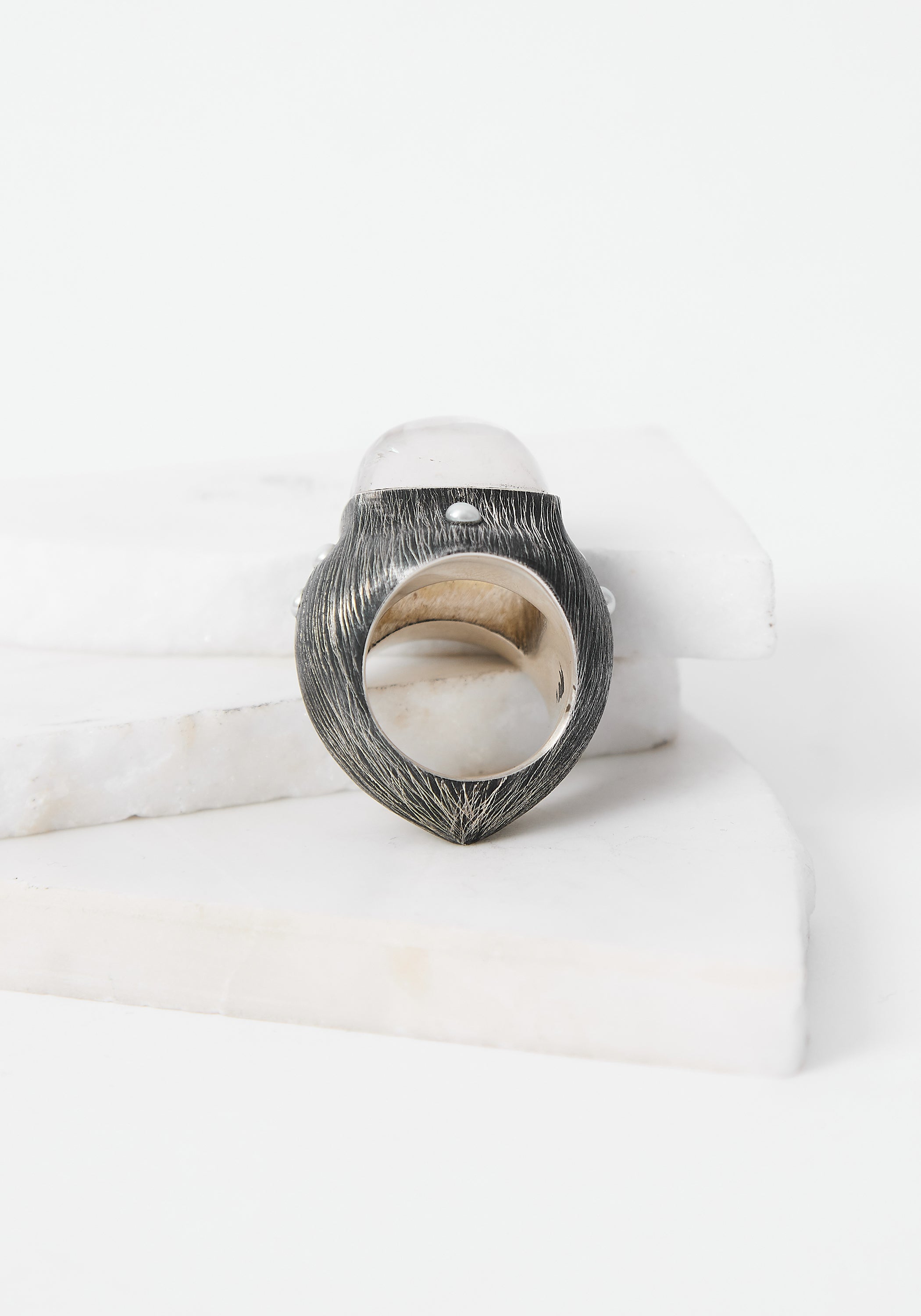 Rising Light Oxidized Sterling, Crystal and Pearl Ring