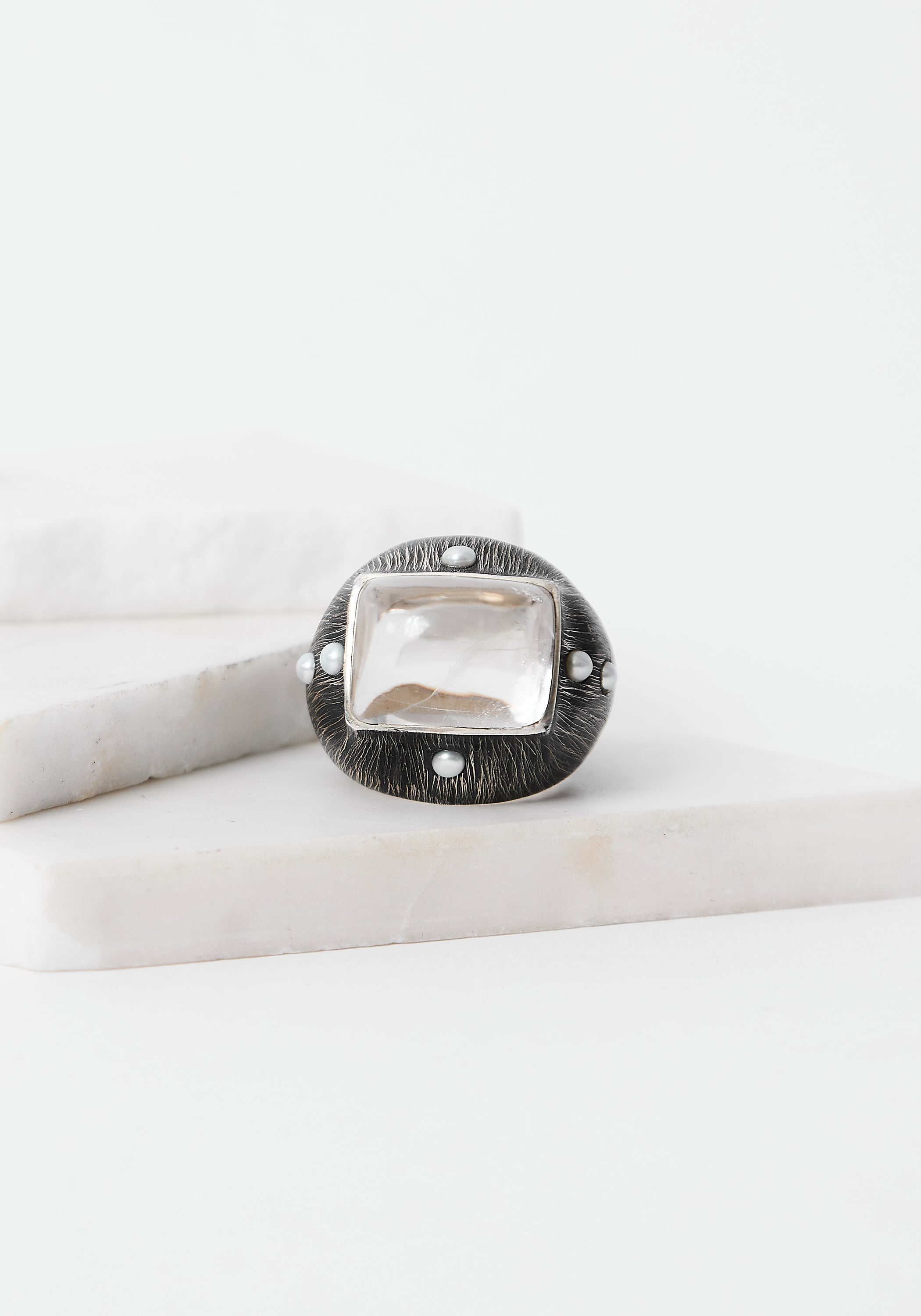 Rising Light Oxidized Sterling, Crystal and Pearl Ring