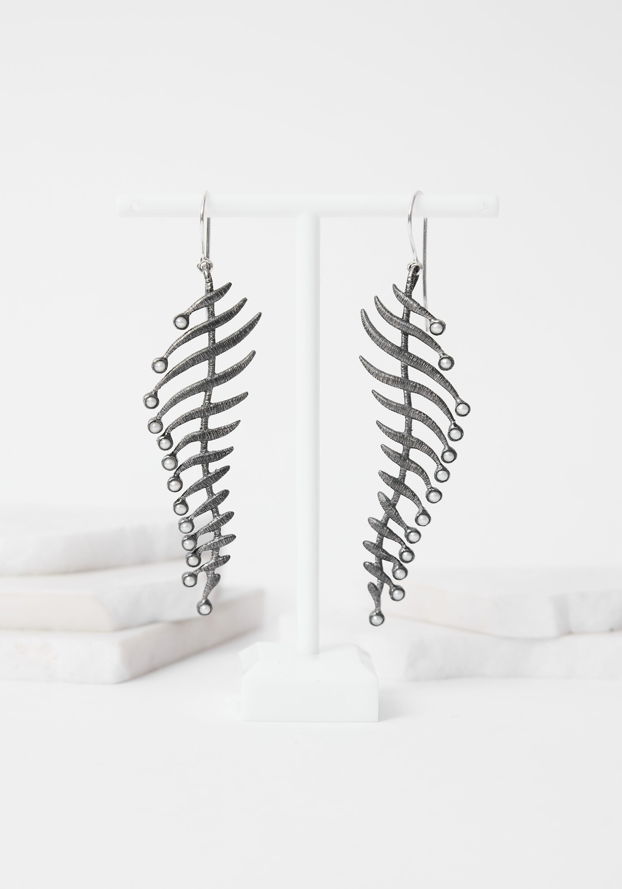 Waves of Water Oxidized Sterling and Pearl Earrings