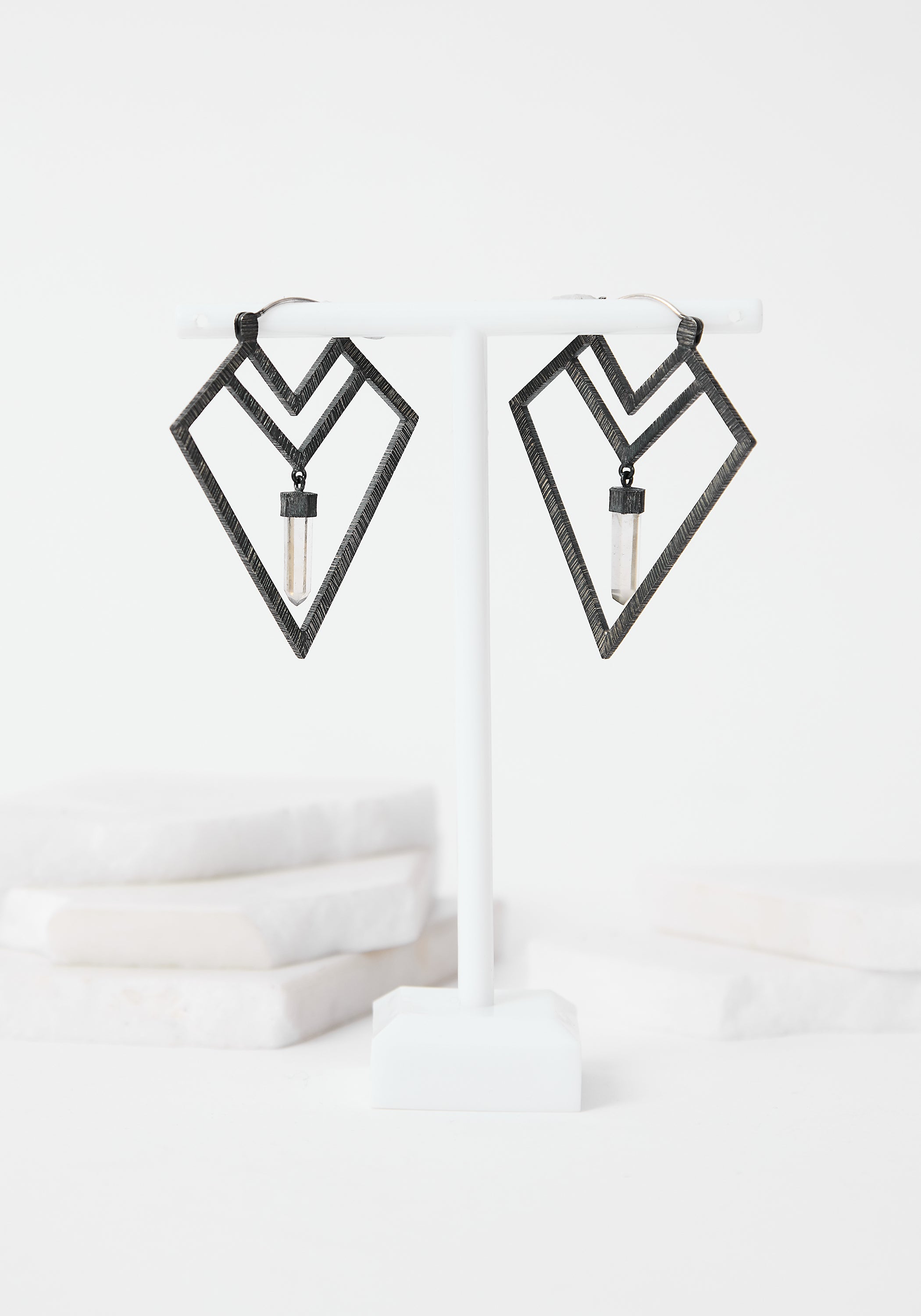 Delving Arrows Oxidized Sterling and Quartz Earrings
