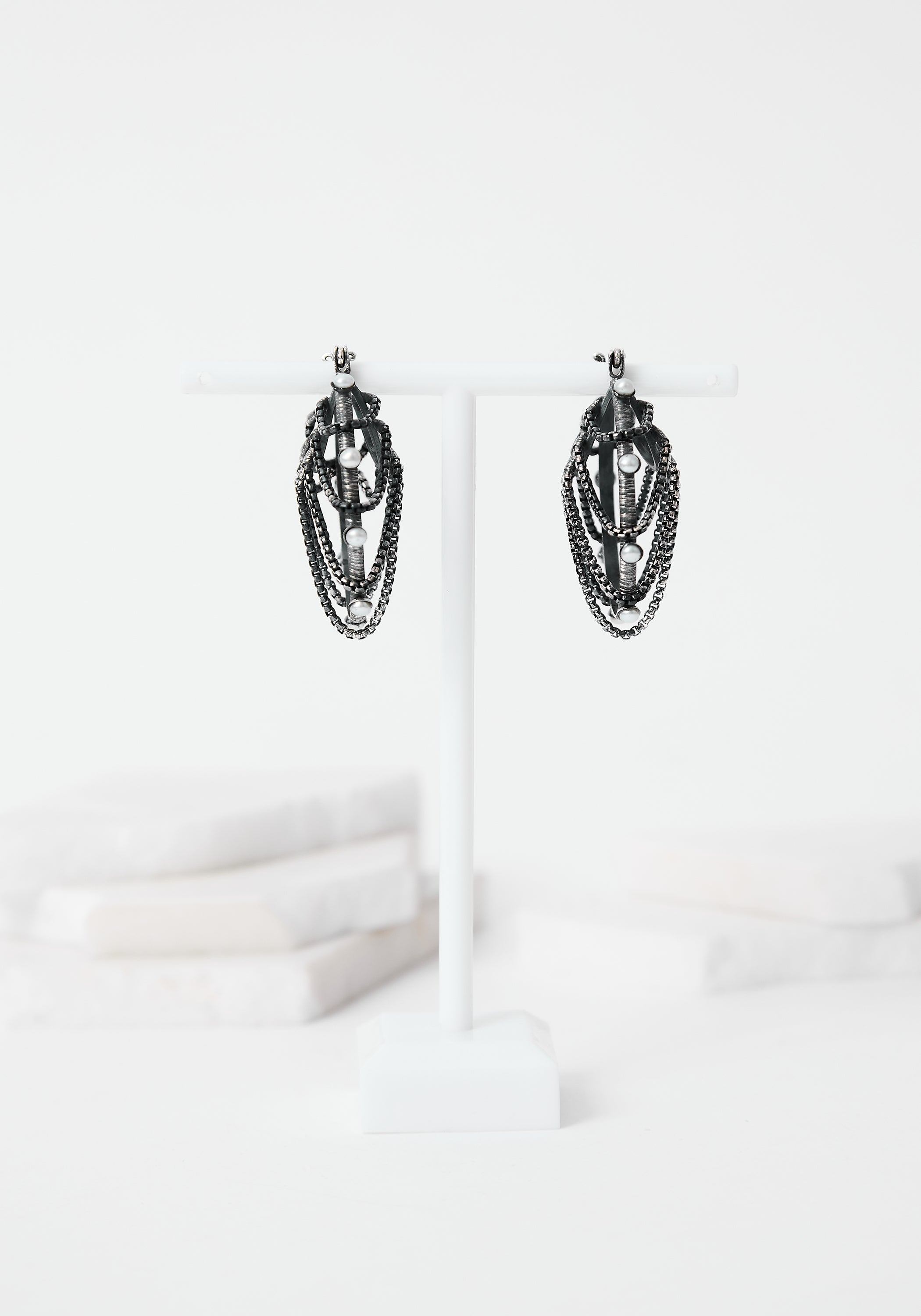 Chained Love Oxidized Sterling and Pearl Earrings