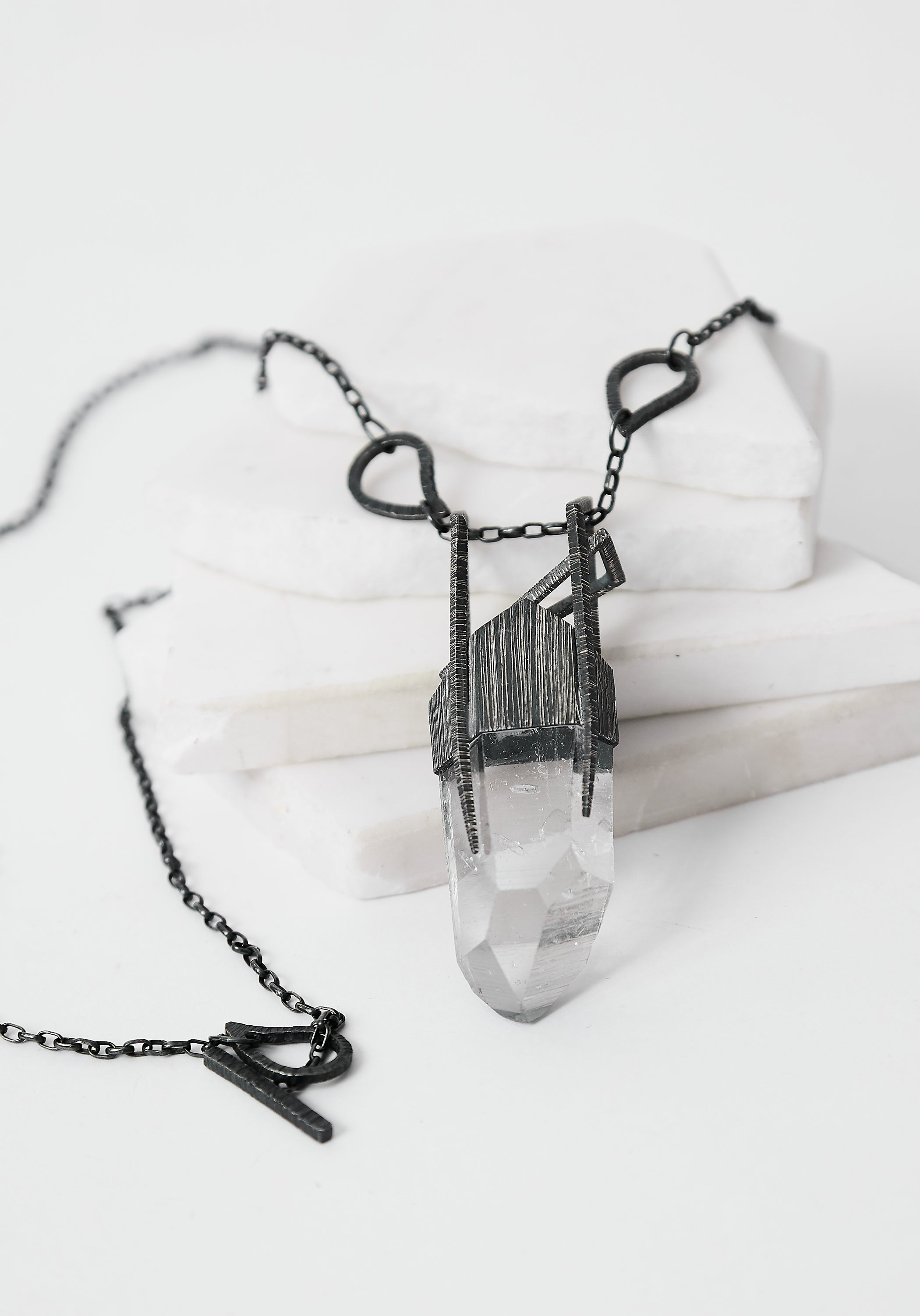 Organic Space Oxidized Sterling and Quartz Necklace