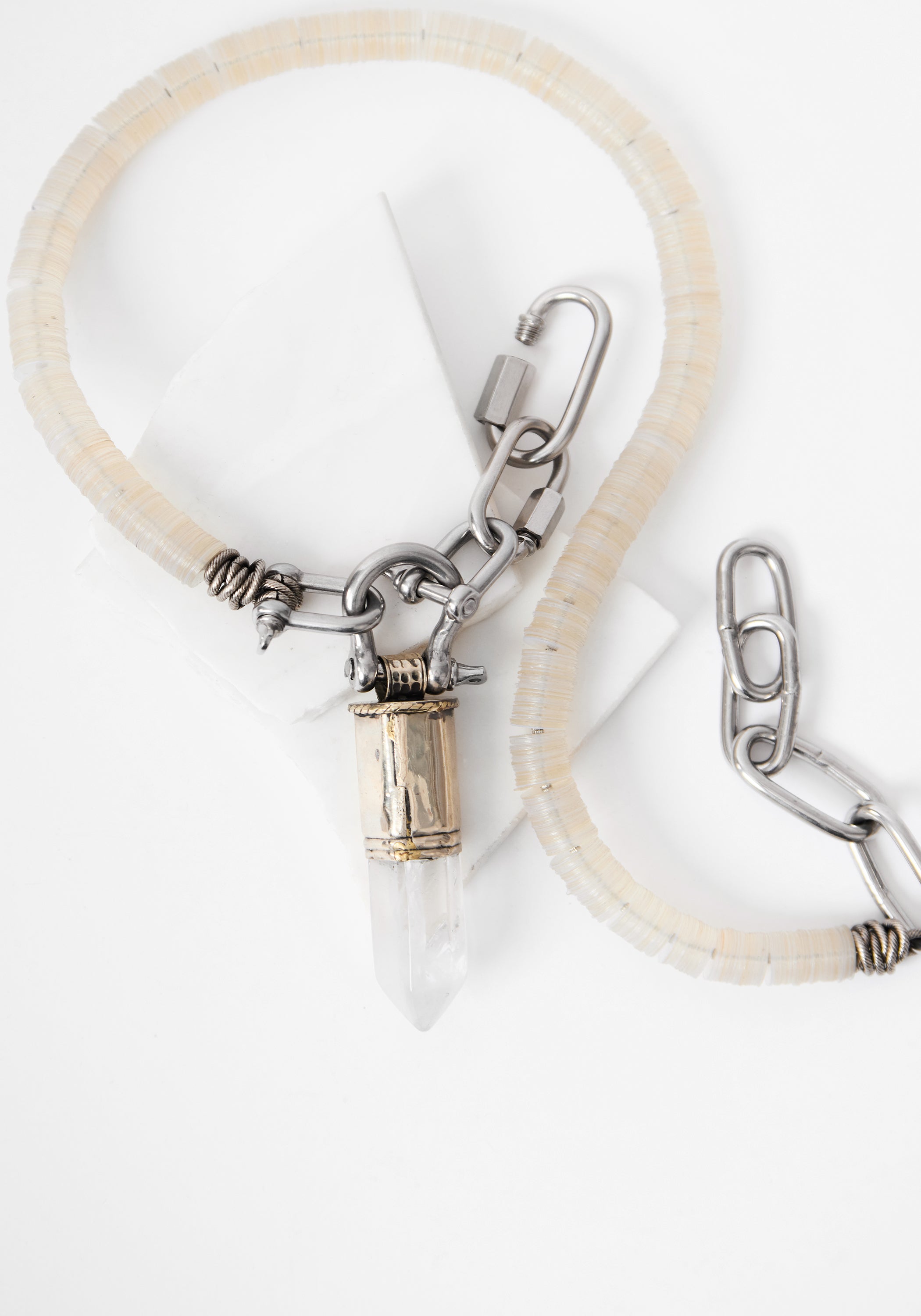 Reclaimed Vinyl, Stainless Steel and Quartz Necklace