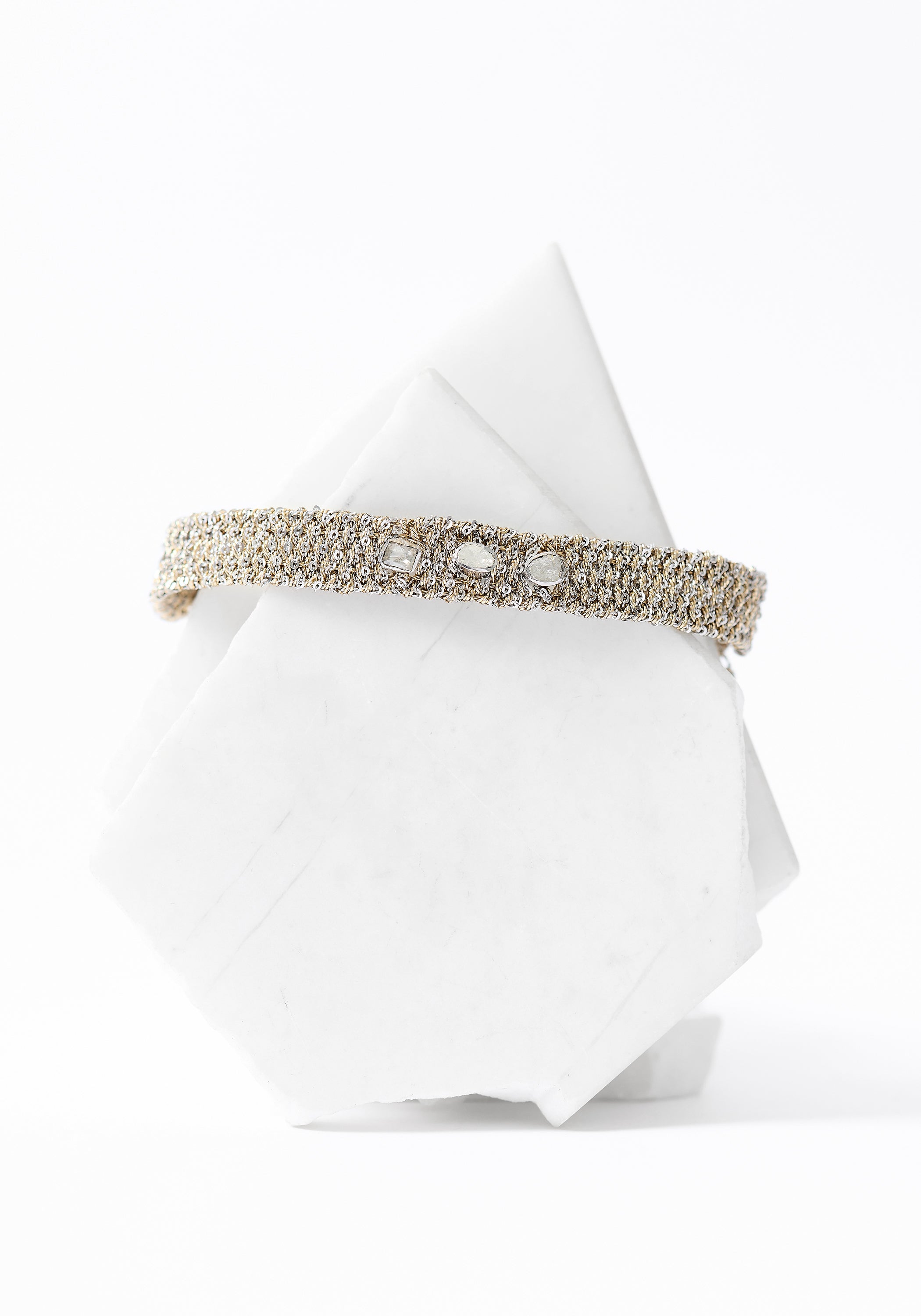 Rhodium Plated Woven Polki Diamond Bracelet