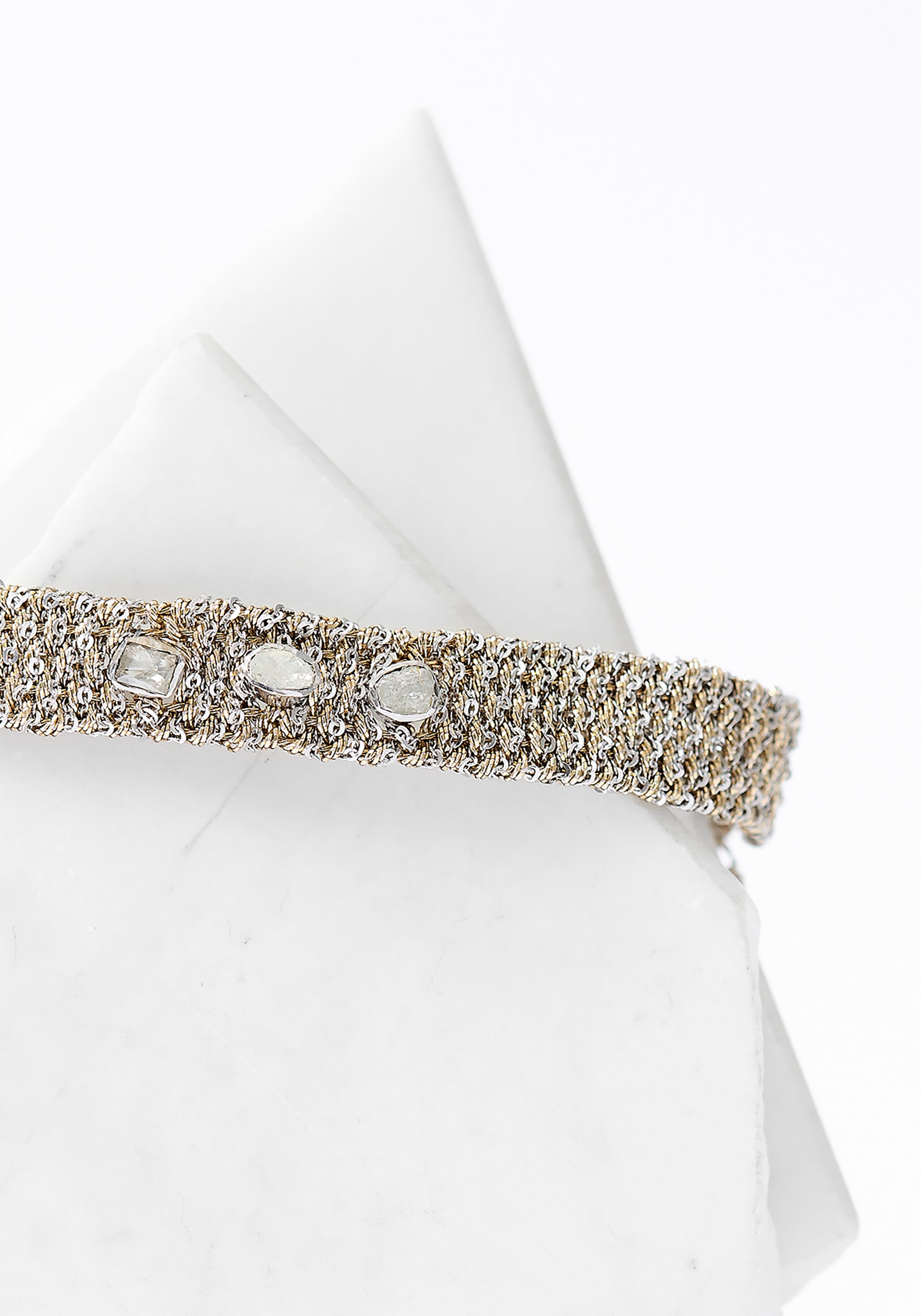 Rhodium Plated Woven Polki Diamond Bracelet