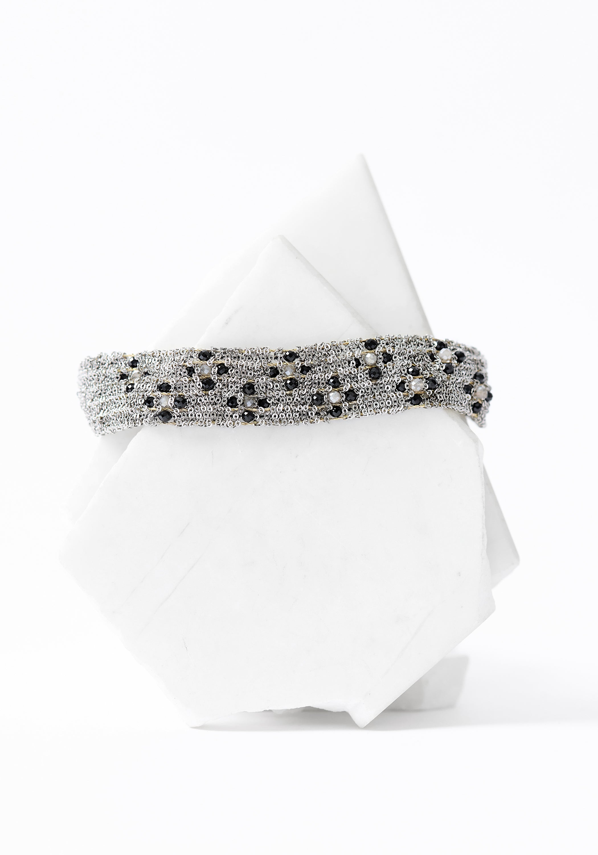 Rhodium Plated Woven Chain, Black Spinel and Moonstone Bracelet