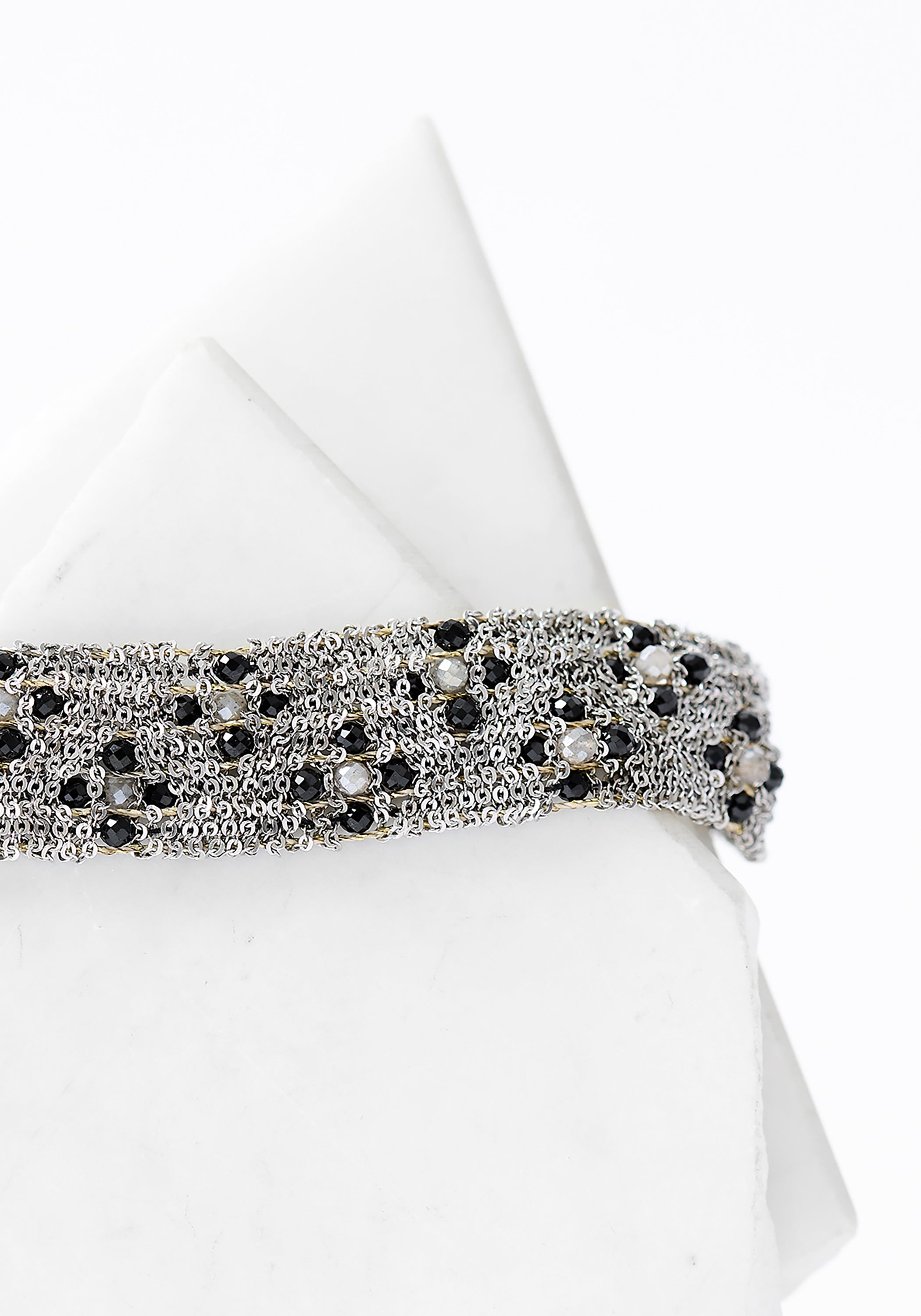 Rhodium Plated Woven Chain, Black Spinel and Moonstone Bracelet