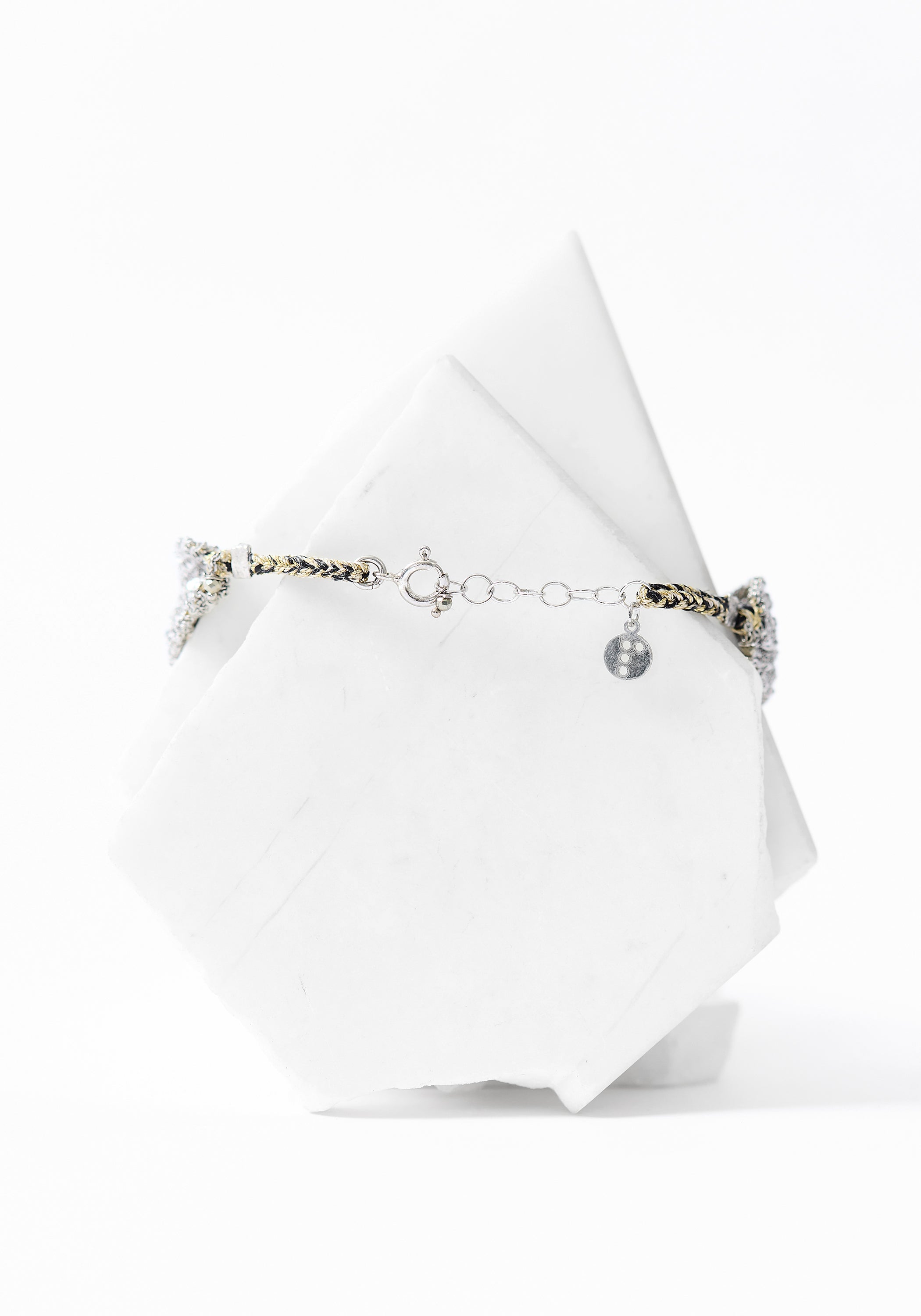 Rhodium Plated Woven Chain, Black Spinel and Moonstone Bracelet