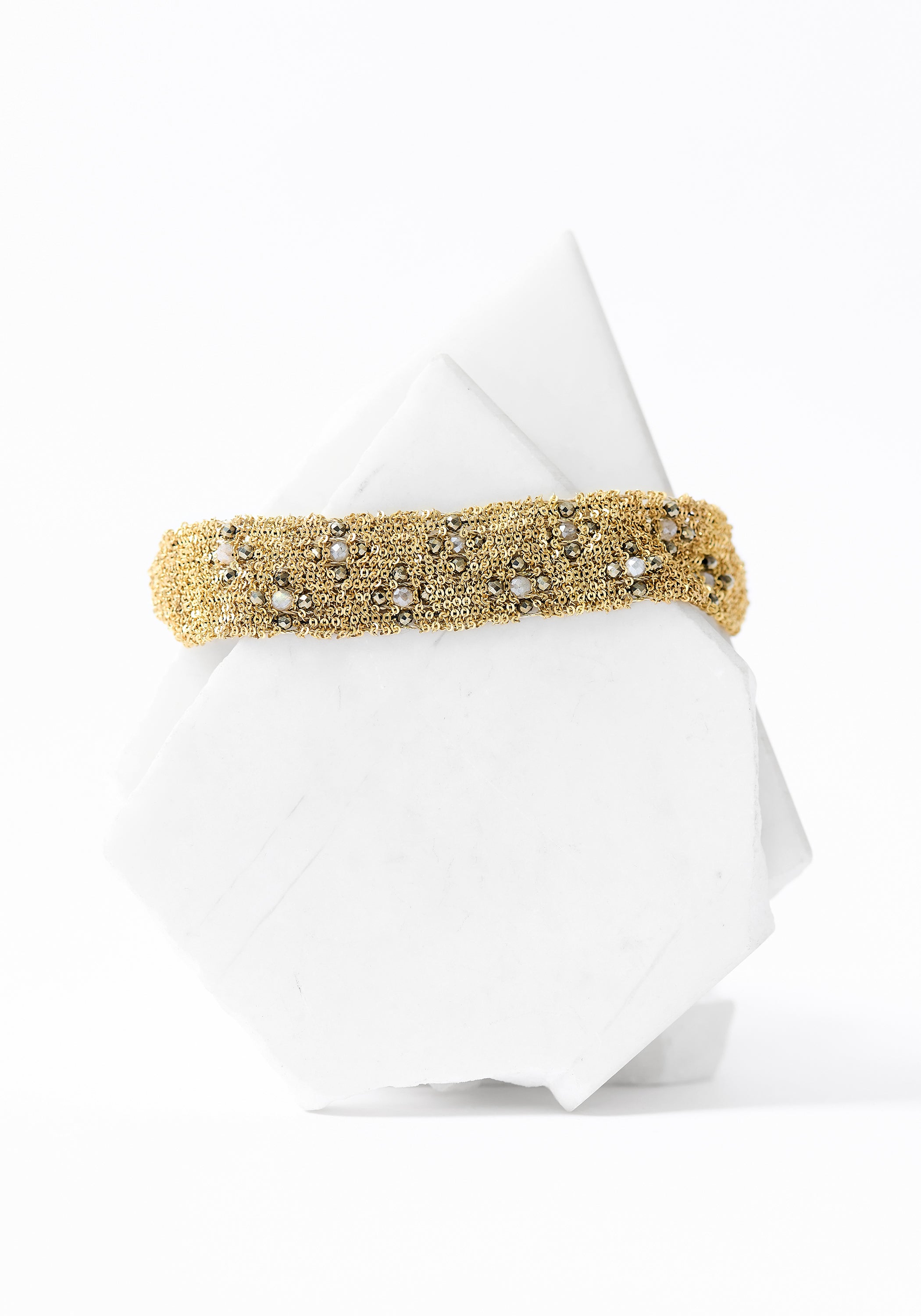 Gold Plated Woven Chain, Pyrite and Moonstone Bracelet