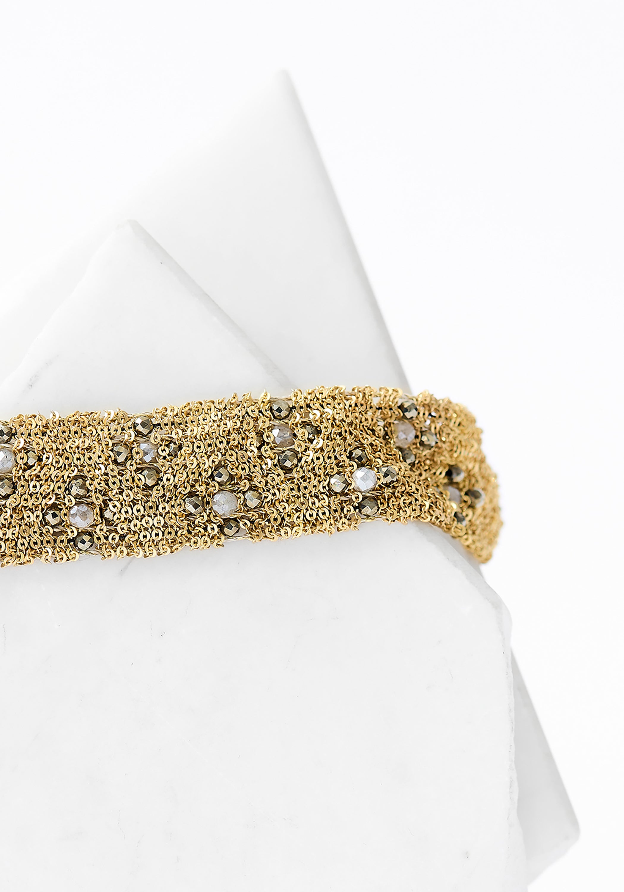 Gold Plated Woven Chain, Pyrite and Moonstone Bracelet