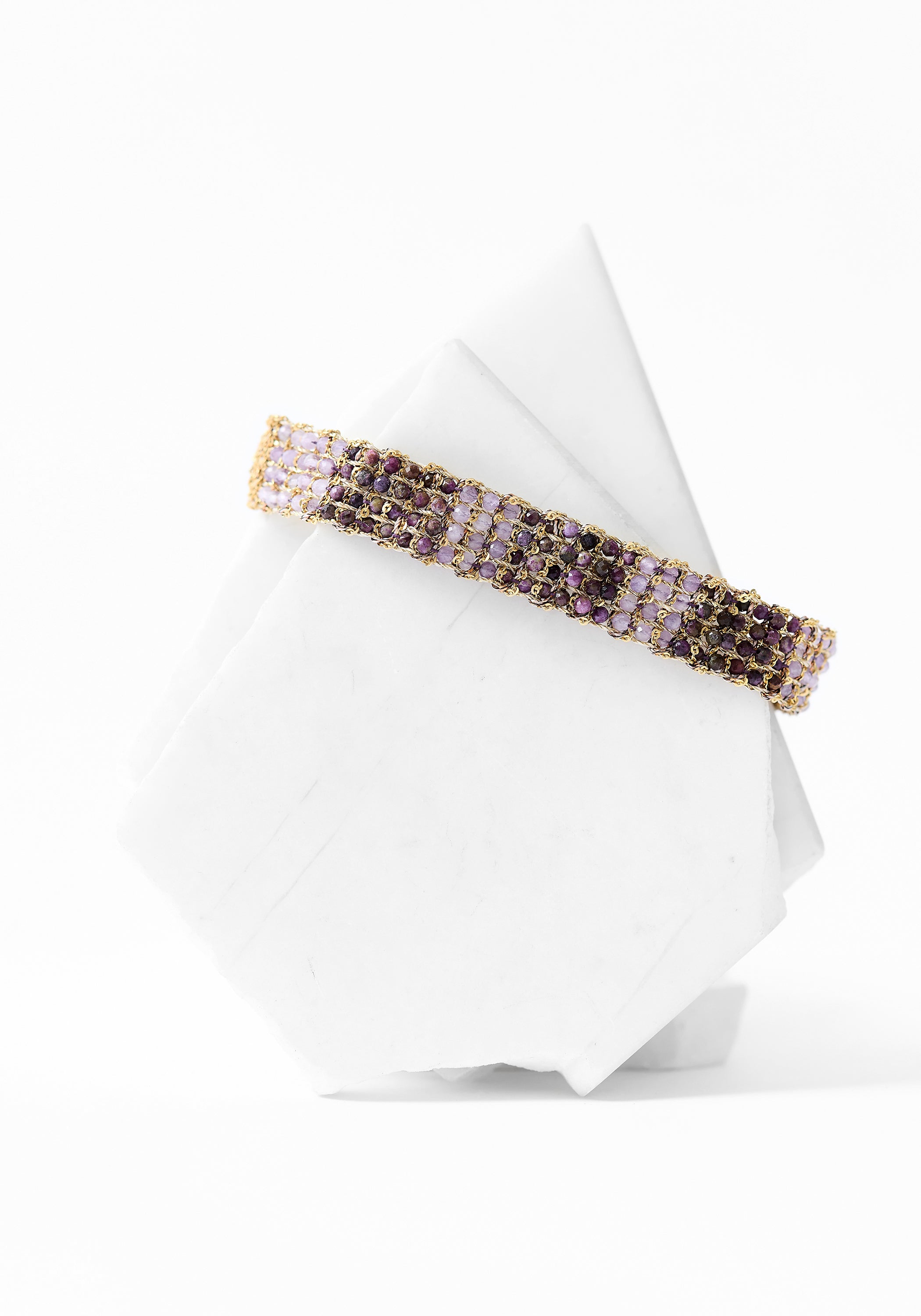 Gold Plated Woven Amethyst and Serpentine Bracelet