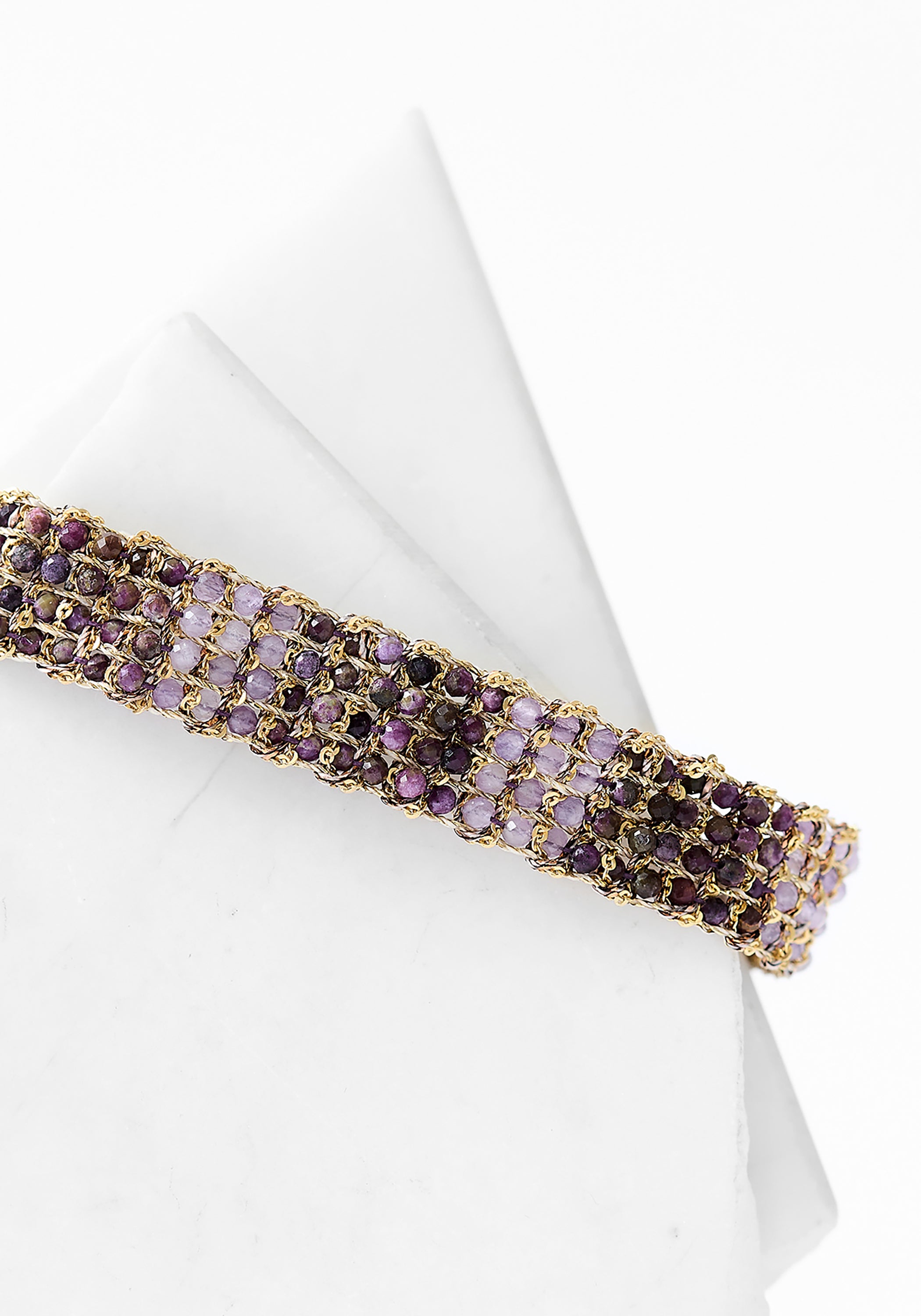 Gold Plated Woven Amethyst and Serpentine Bracelet