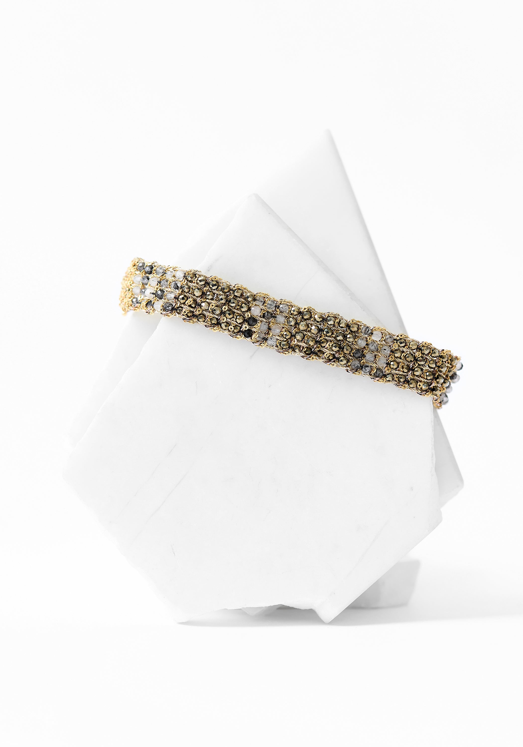 Gold Plated Woven Pyrite and Tourmalated Quartz Bracelet