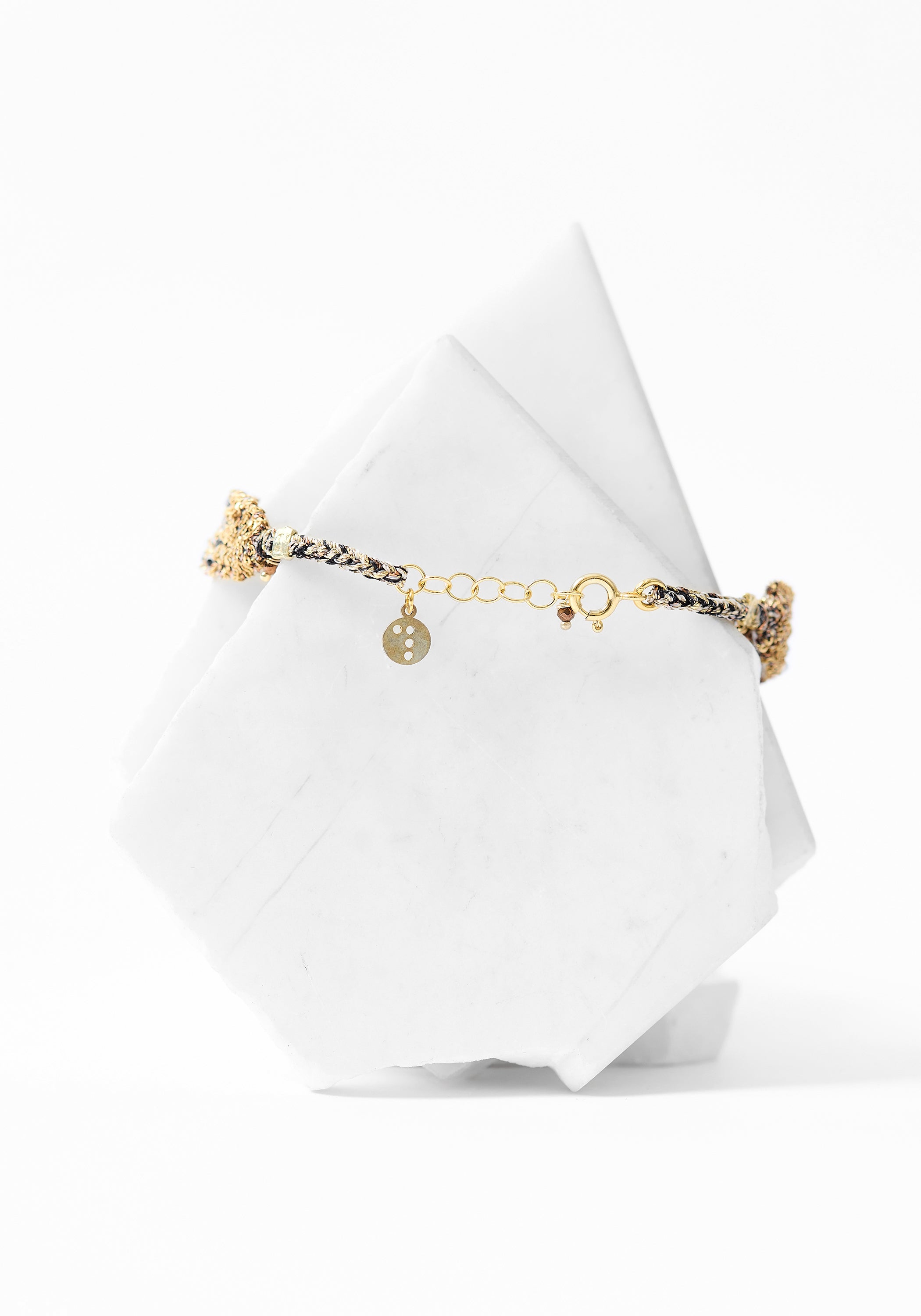 Gold Plated Woven Pyrite and Tourmalated Quartz Bracelet