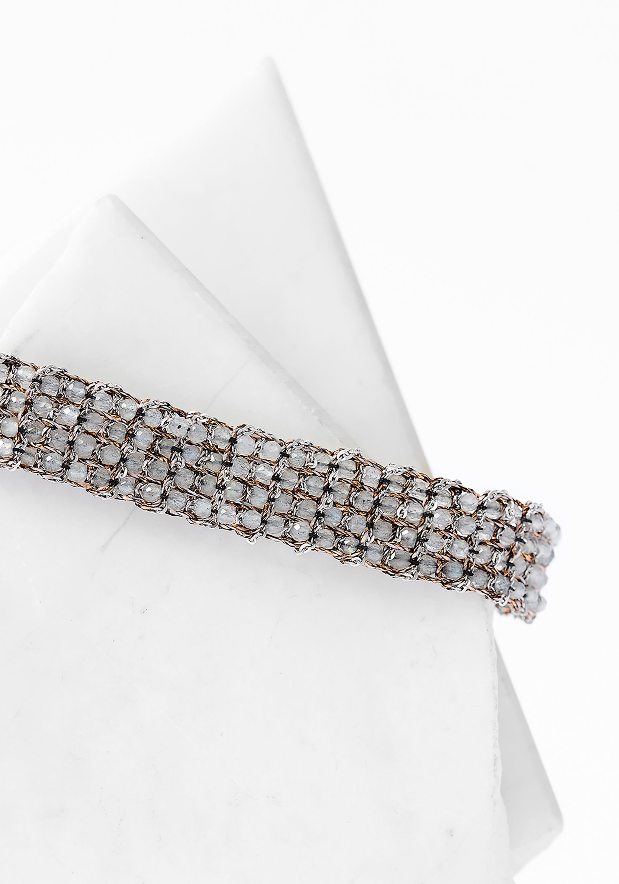 Rhodium Plated Woven Gray Labradorite Bracelet